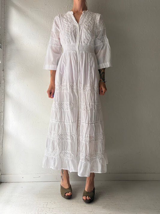 Vintage 'Magic' White Cotton Crochet Hippie Maxi Dress / Medium
