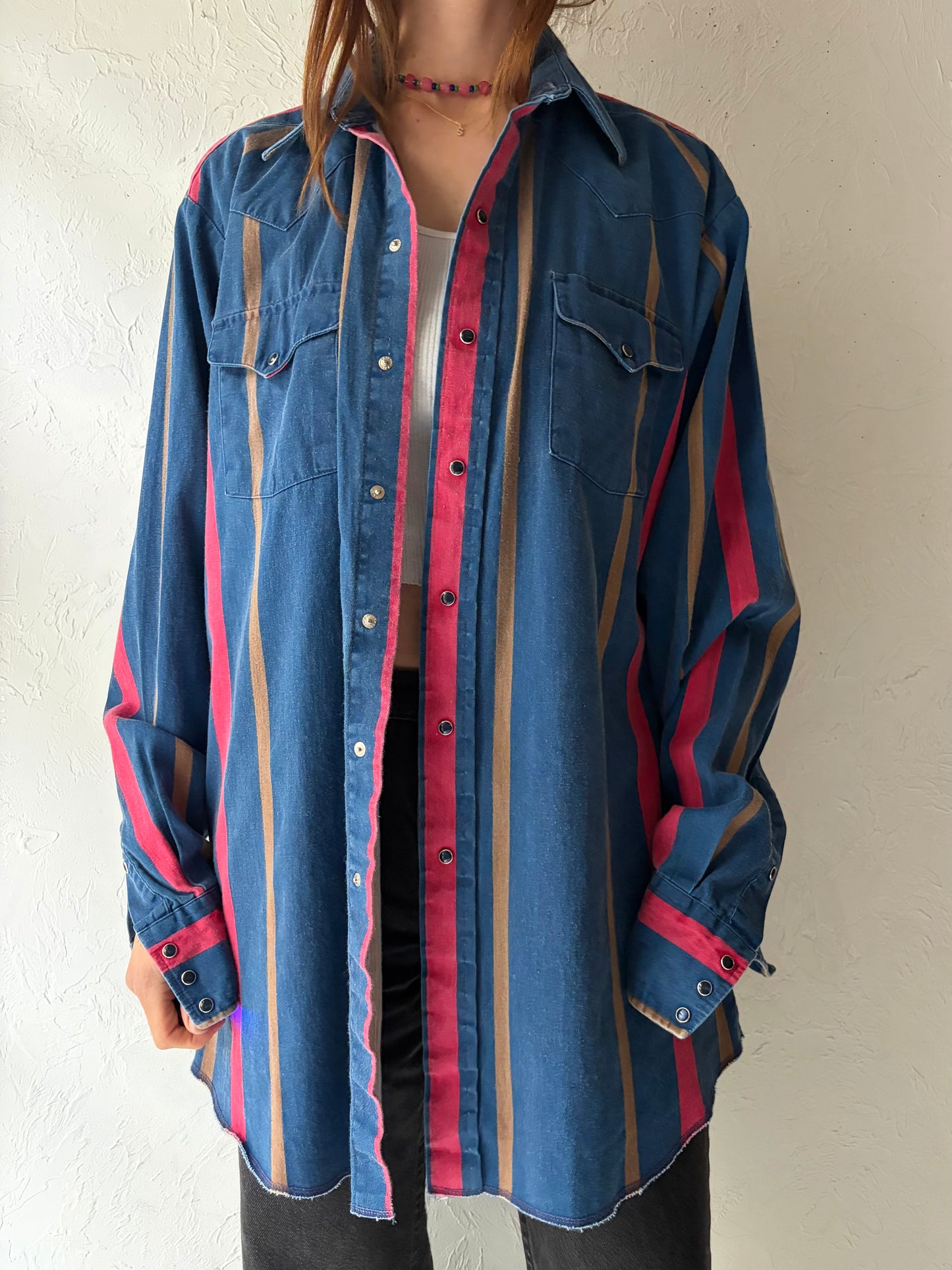 90s 'Penhandle Slim' Stripped Western Snap Up Shirt / Vintage 1990s Cowboy Work Wear Shirt / Large