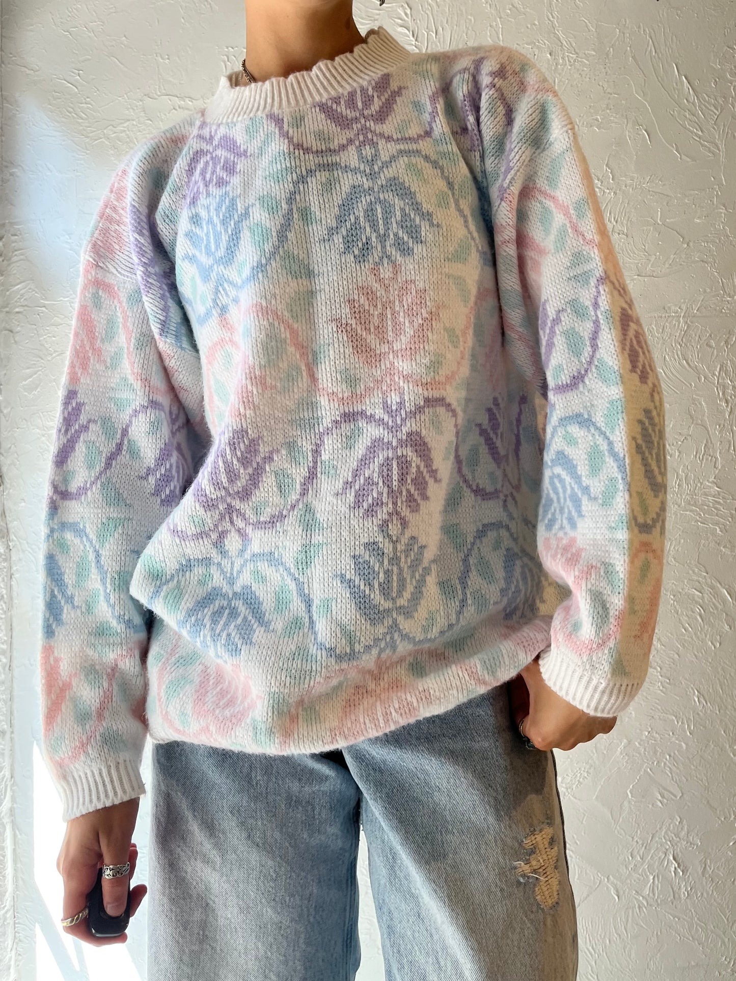 90s 'Classic Essentials' Floral Knit Sweater / Medium