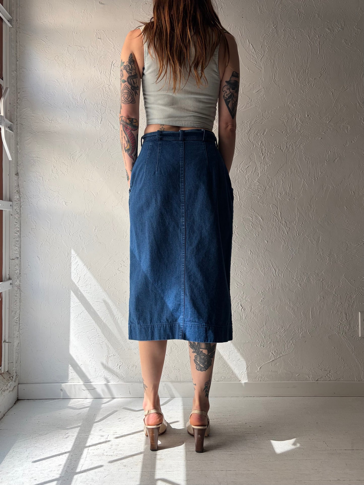Vintage Button Up Denim Midi Skirt / Medium
