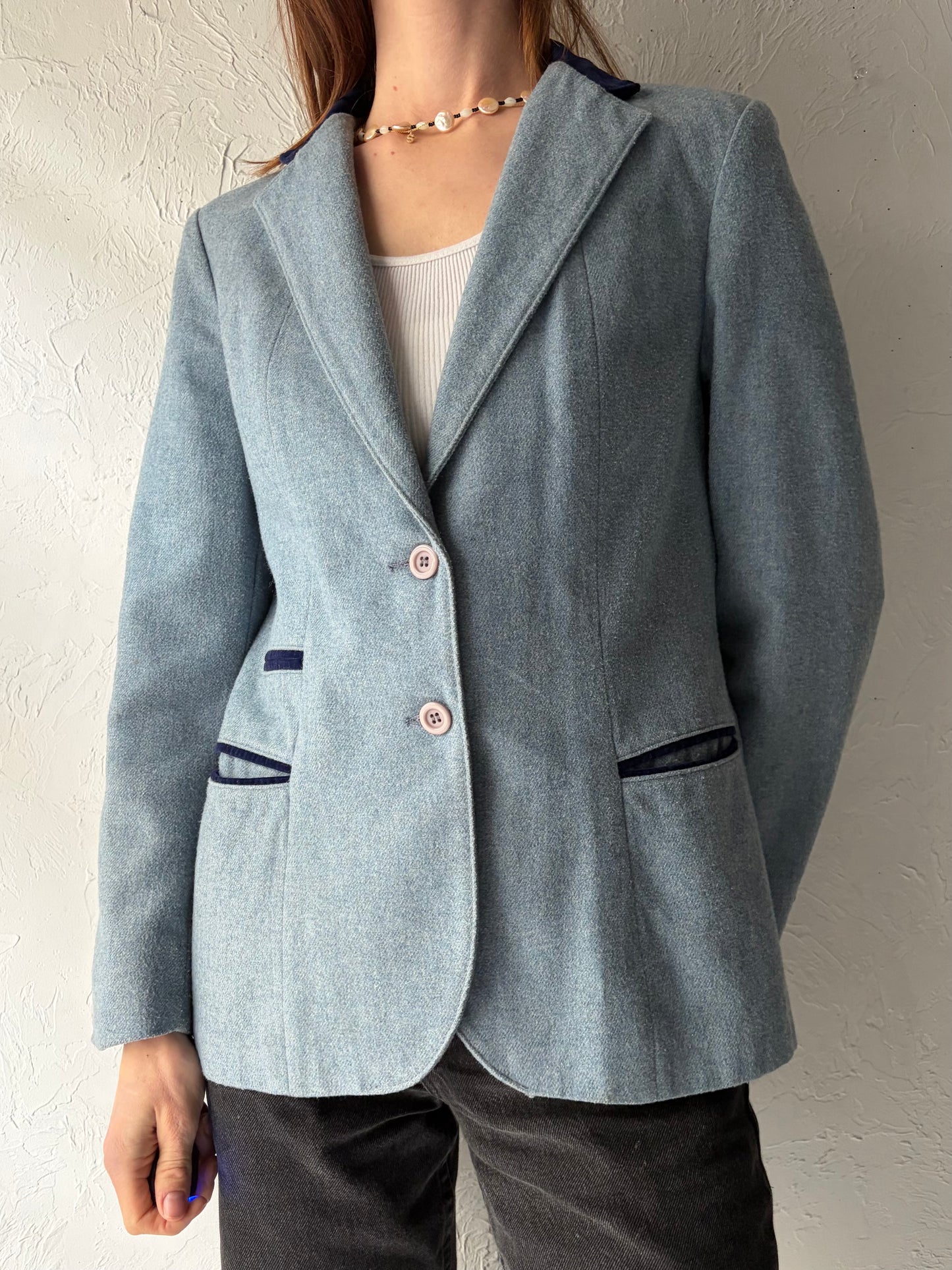 80s 'Chorus Line' Blue Two Tone Knit Winter Blazer Jacket / Medium