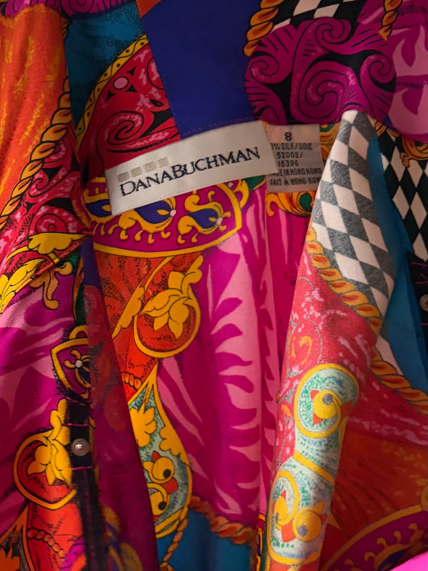90s 'Danna Buchman' Retro Patterned Silk Blouse / Medium
