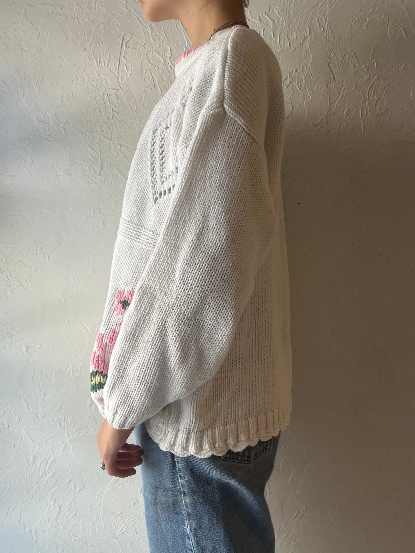 90s 'Street Level' Cotton Ramie Floral Knit Sweater / Large