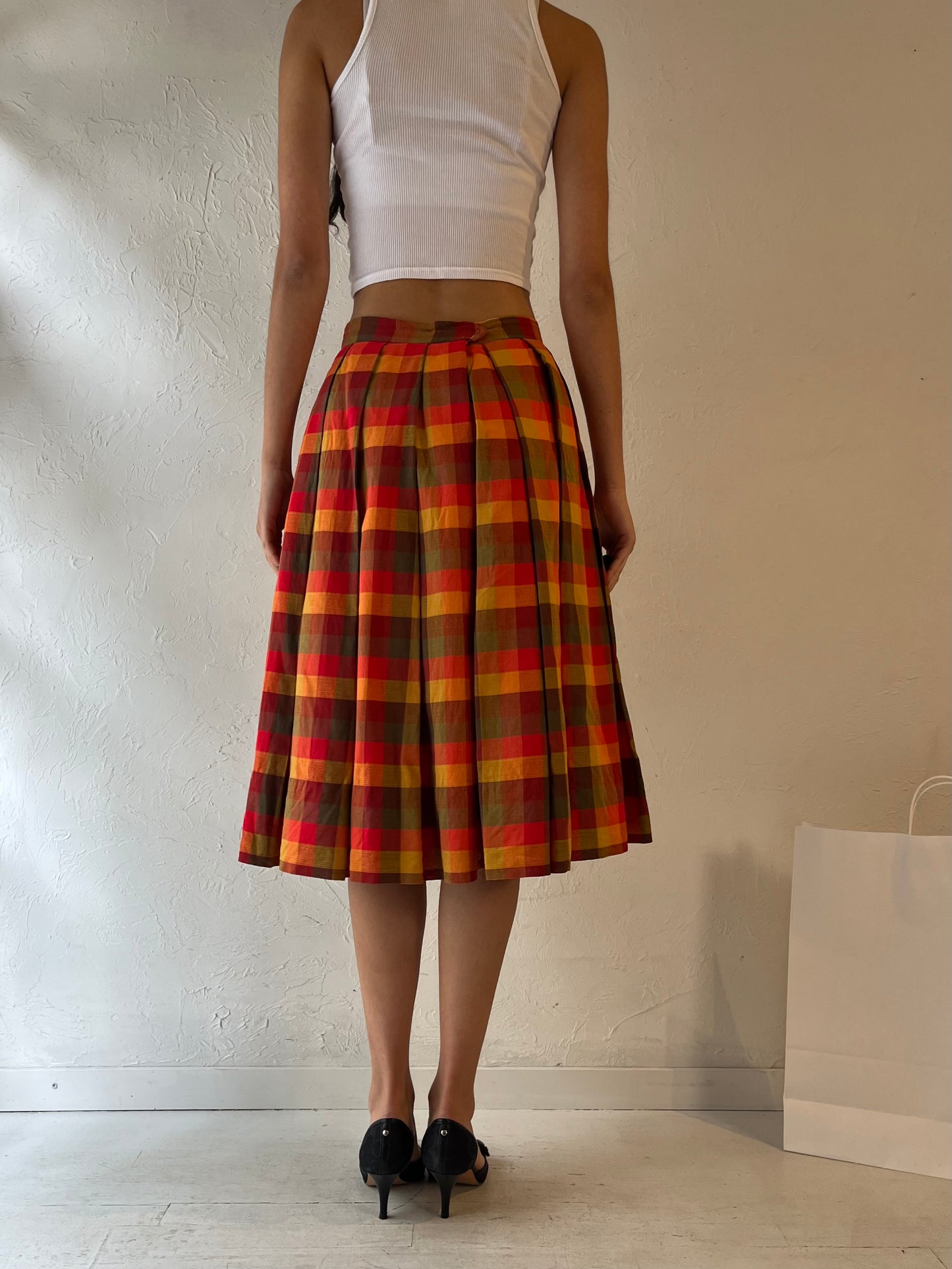 Vintage Red Plaid Midi Skirt / Small