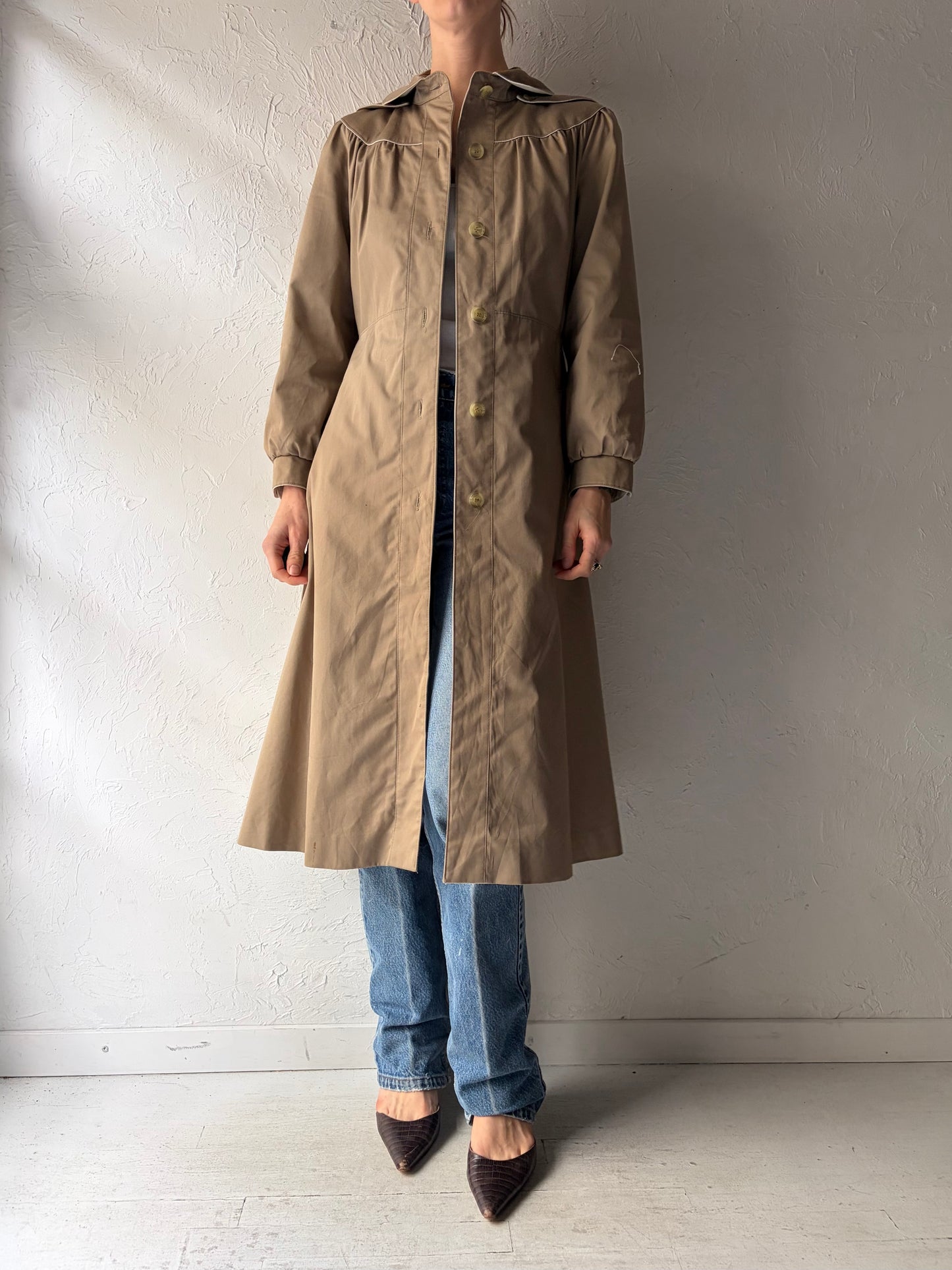 80s 'ICI' Vintage Beige Hooded Sping Trench Coat / Small