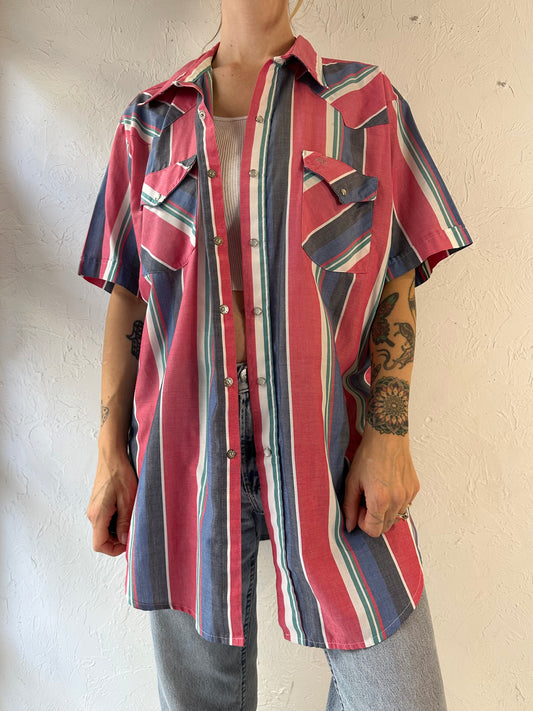 80s 90s 'MWG' Striped Short Sleeve Pearl Snap Shirt / Large