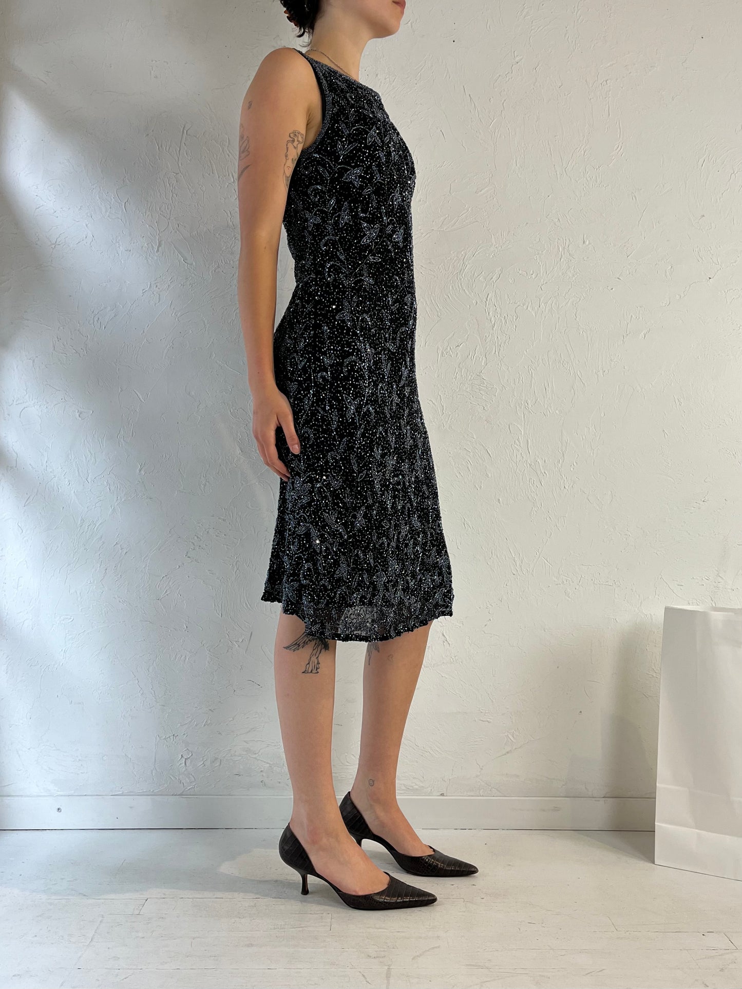 90s 'Stenay' Black Beaded Dress / Large