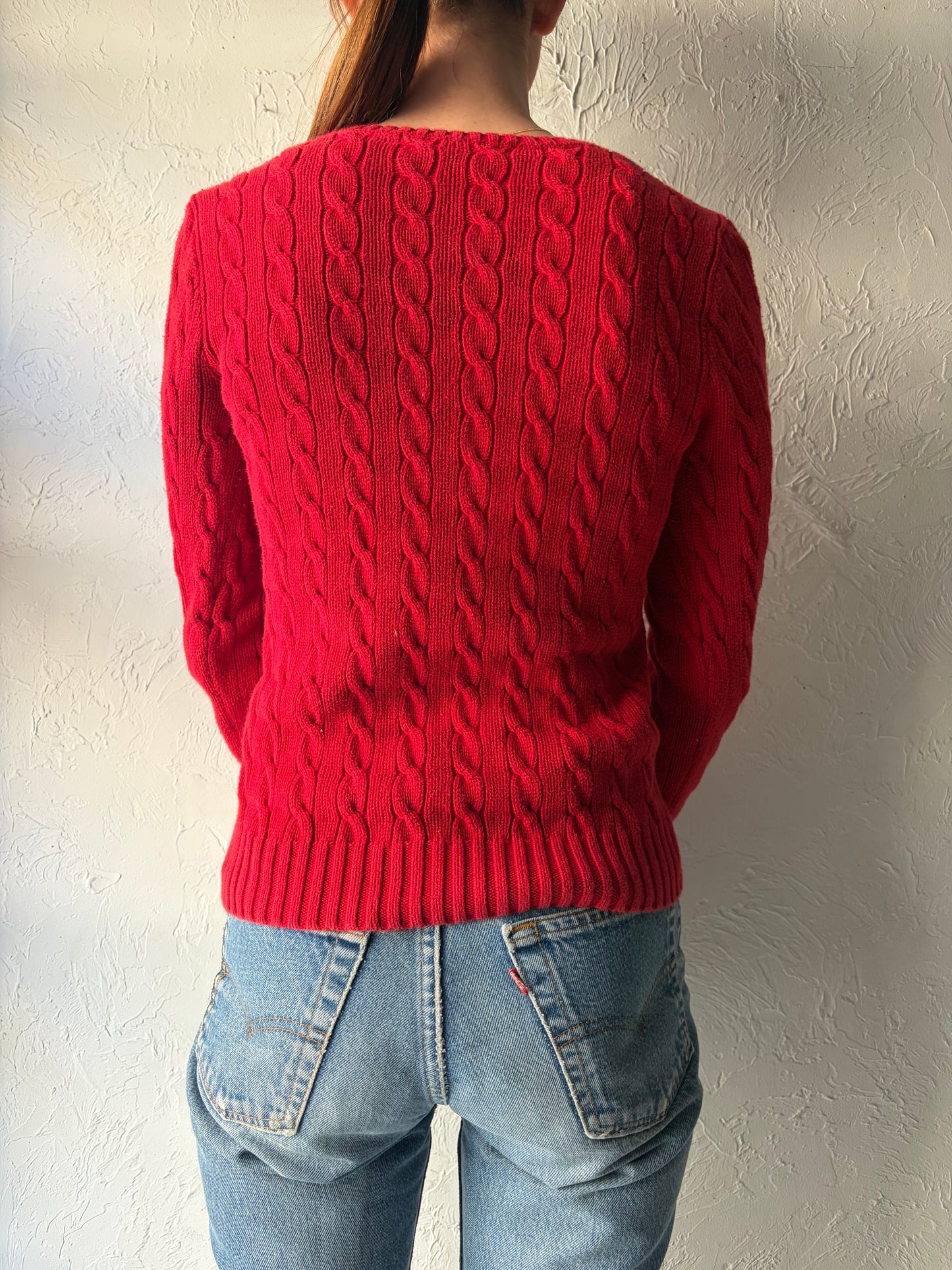 Y2k 'Ralph Lauren' Red Cable Knit Preppy Cotton Sweater / Medium