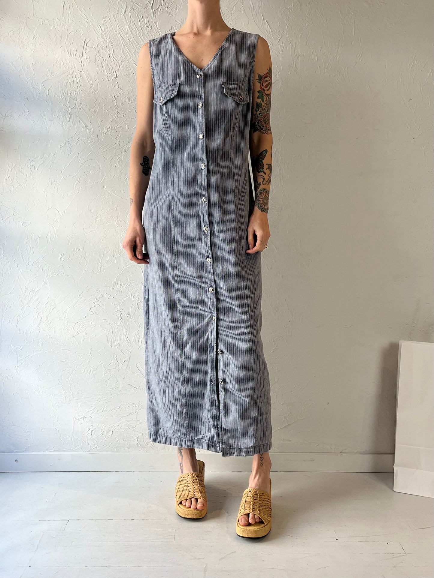 90s 'JM Studio' Pinstripe Denim Dress / Large