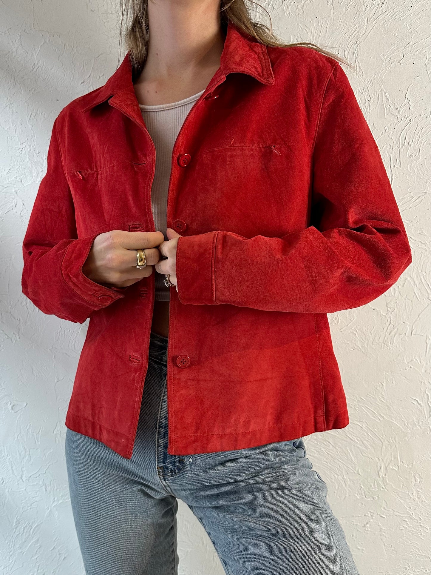 90s 'Jeanology' Red Suede Jacket / Medium