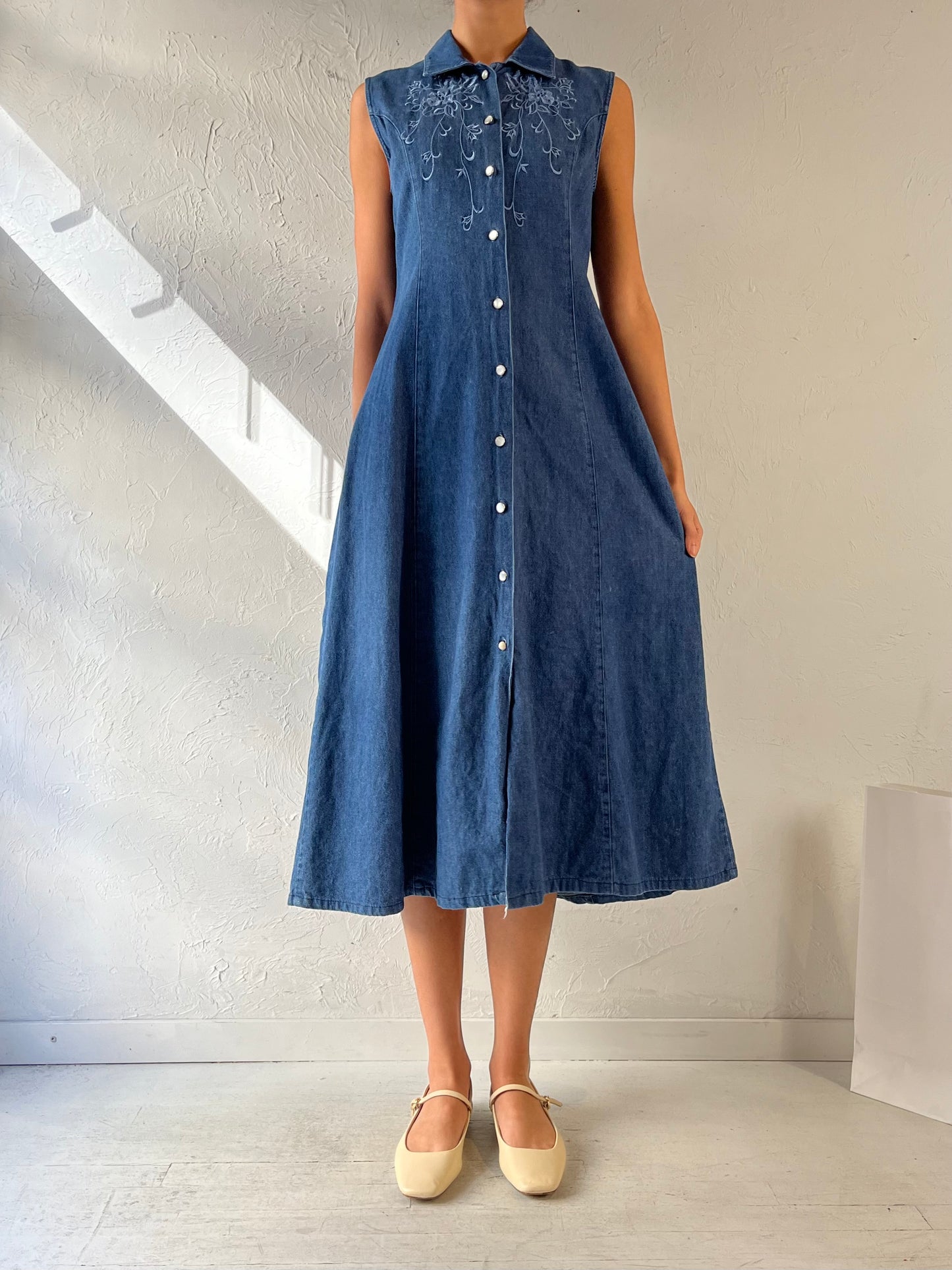 Y2K ‘Jessica’ Embroidered Collared Denim Maxi Dress / Medium