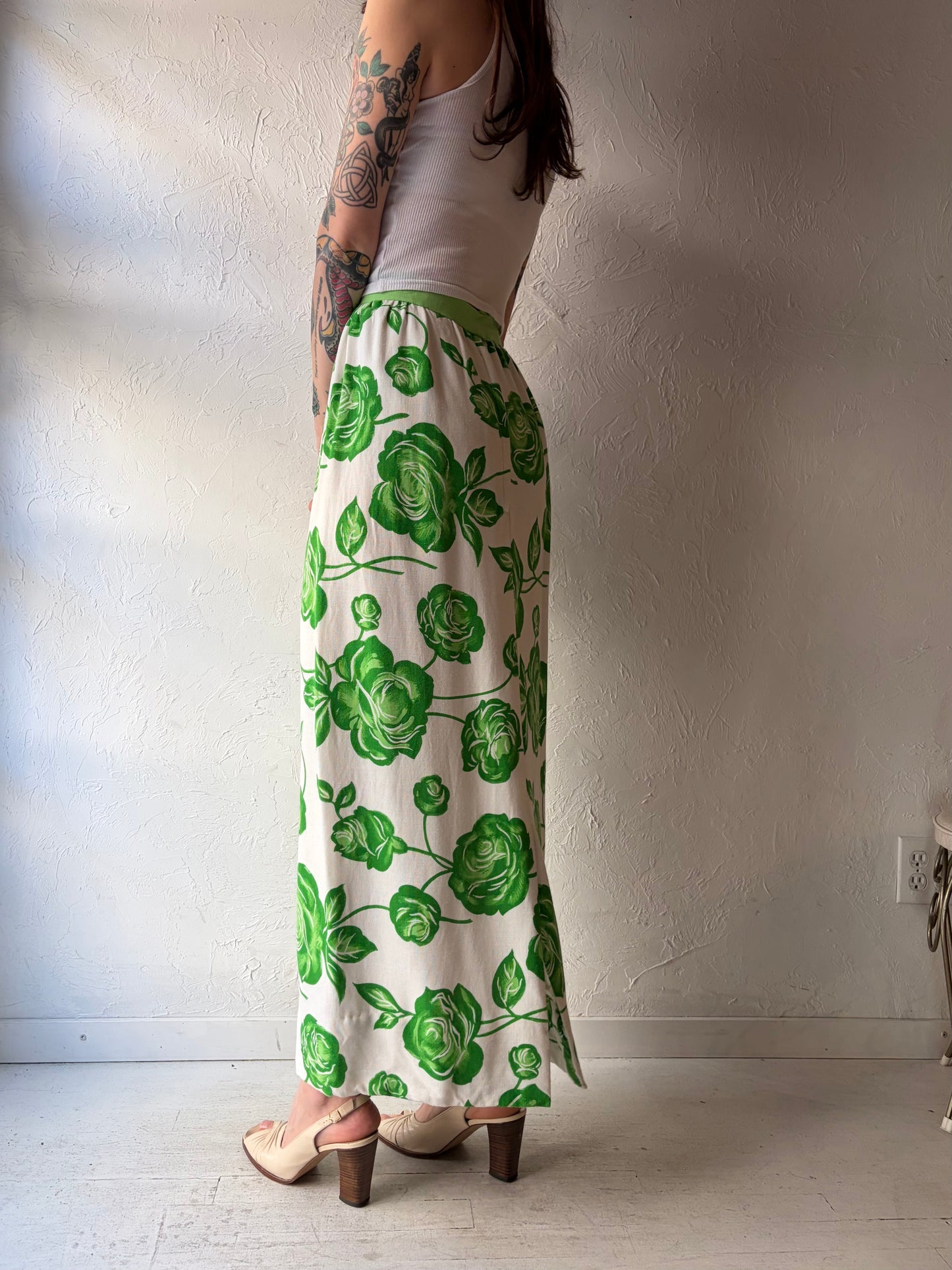 70s Handmade Green Floral Maxi Skirt / XS