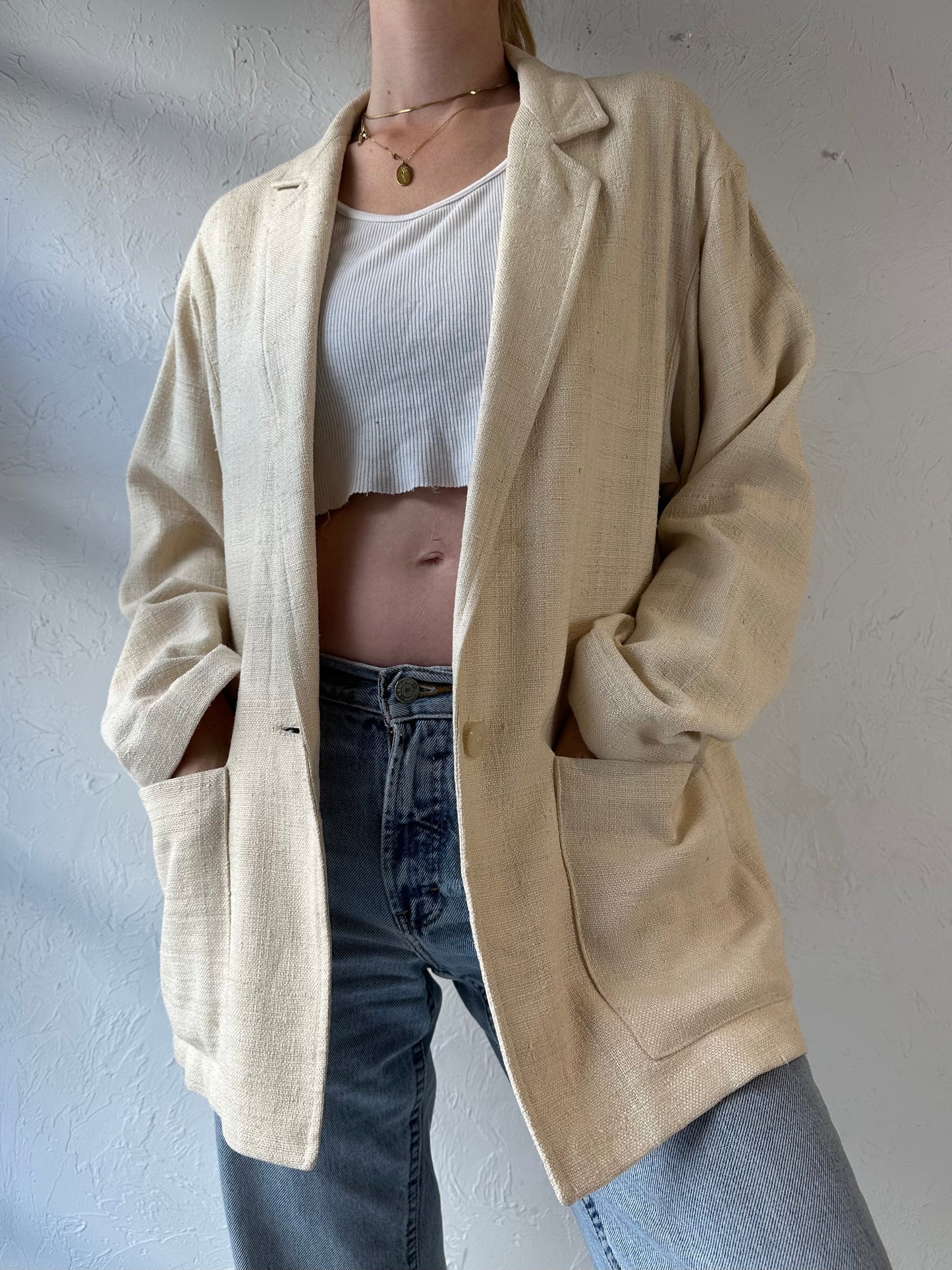 90s 'Savannah' Cream Silk Knit Oversized Blazer Jacket / Medium