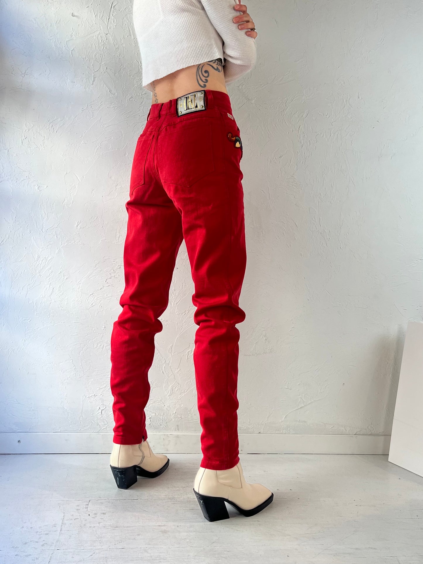 90s 'Escada' Red Beaded Jeans / Small