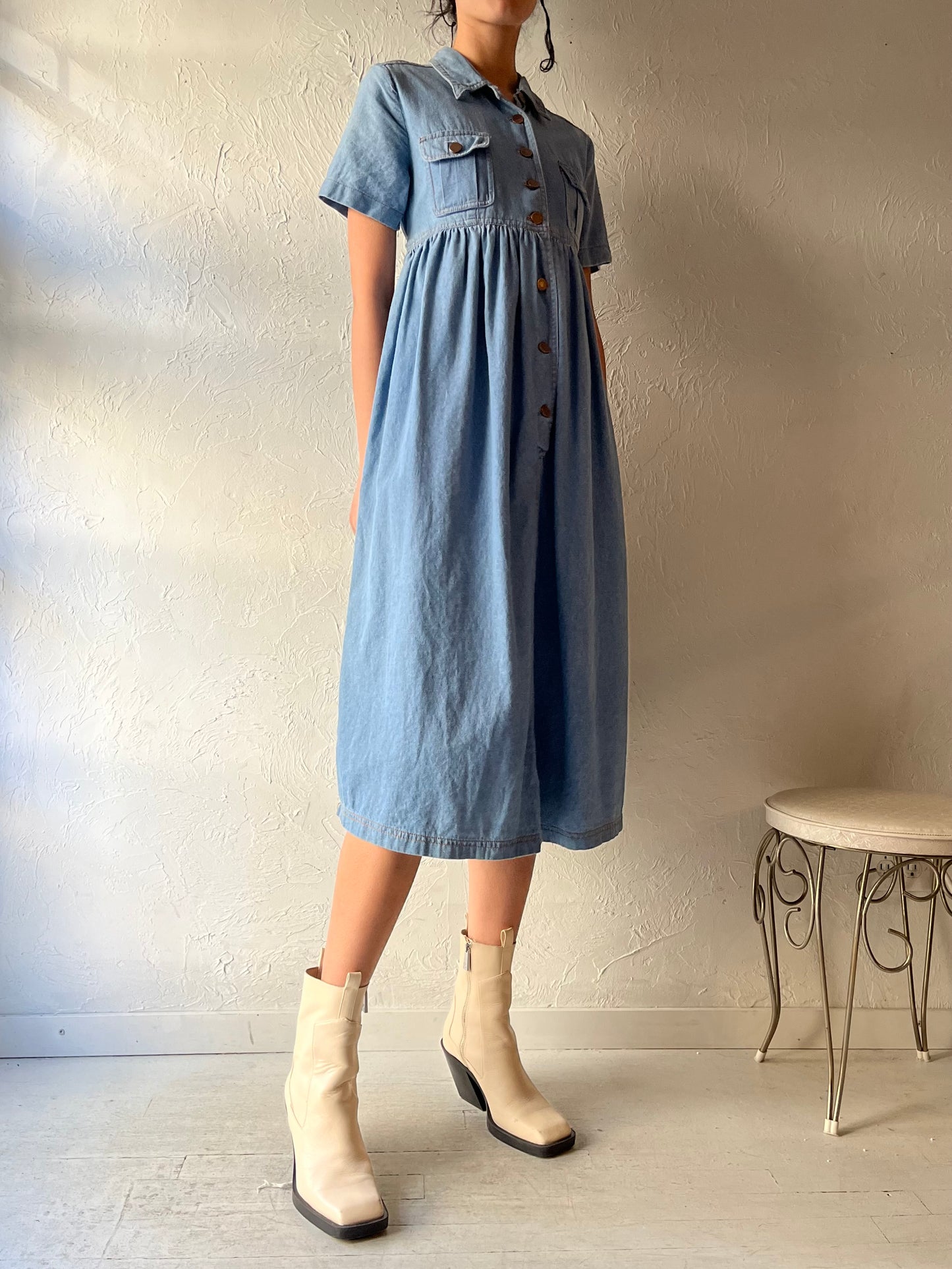 90s 'Cadenza' Light Blue Denim Midi Dress / Small