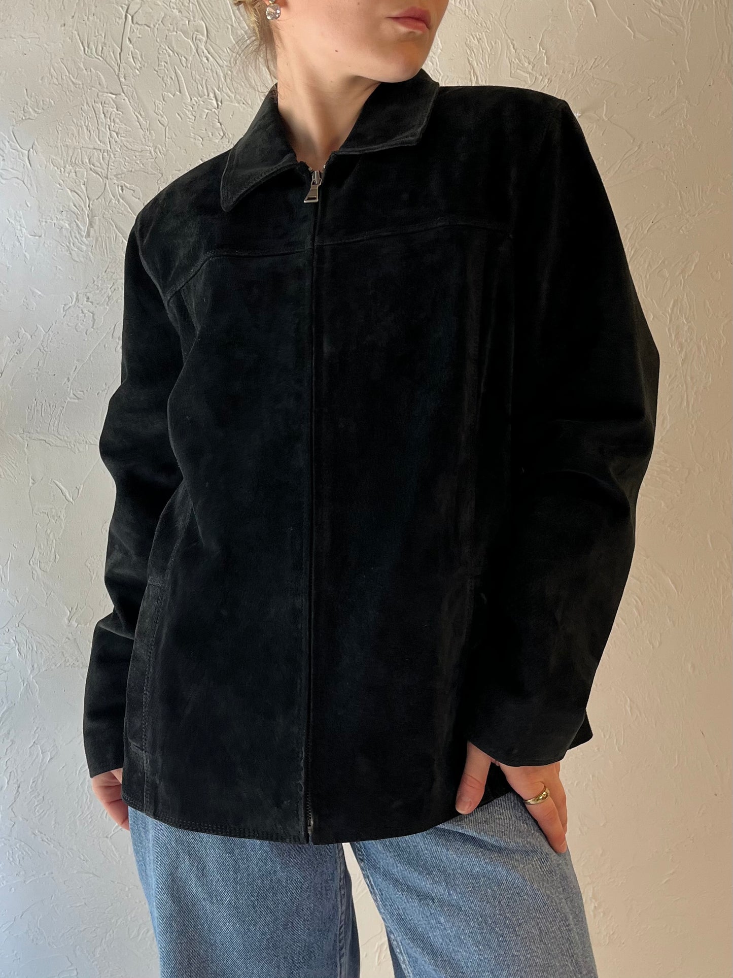 Y2k Black Suede Leather Jacket / Medium