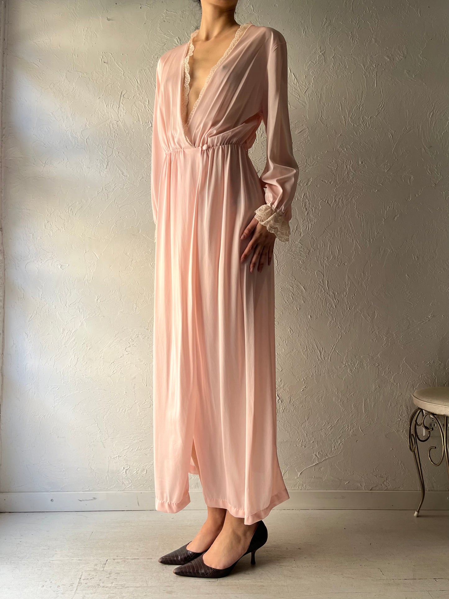 80s 'Avon' Romantic Pink Nylon Robe Slip Dress / Small