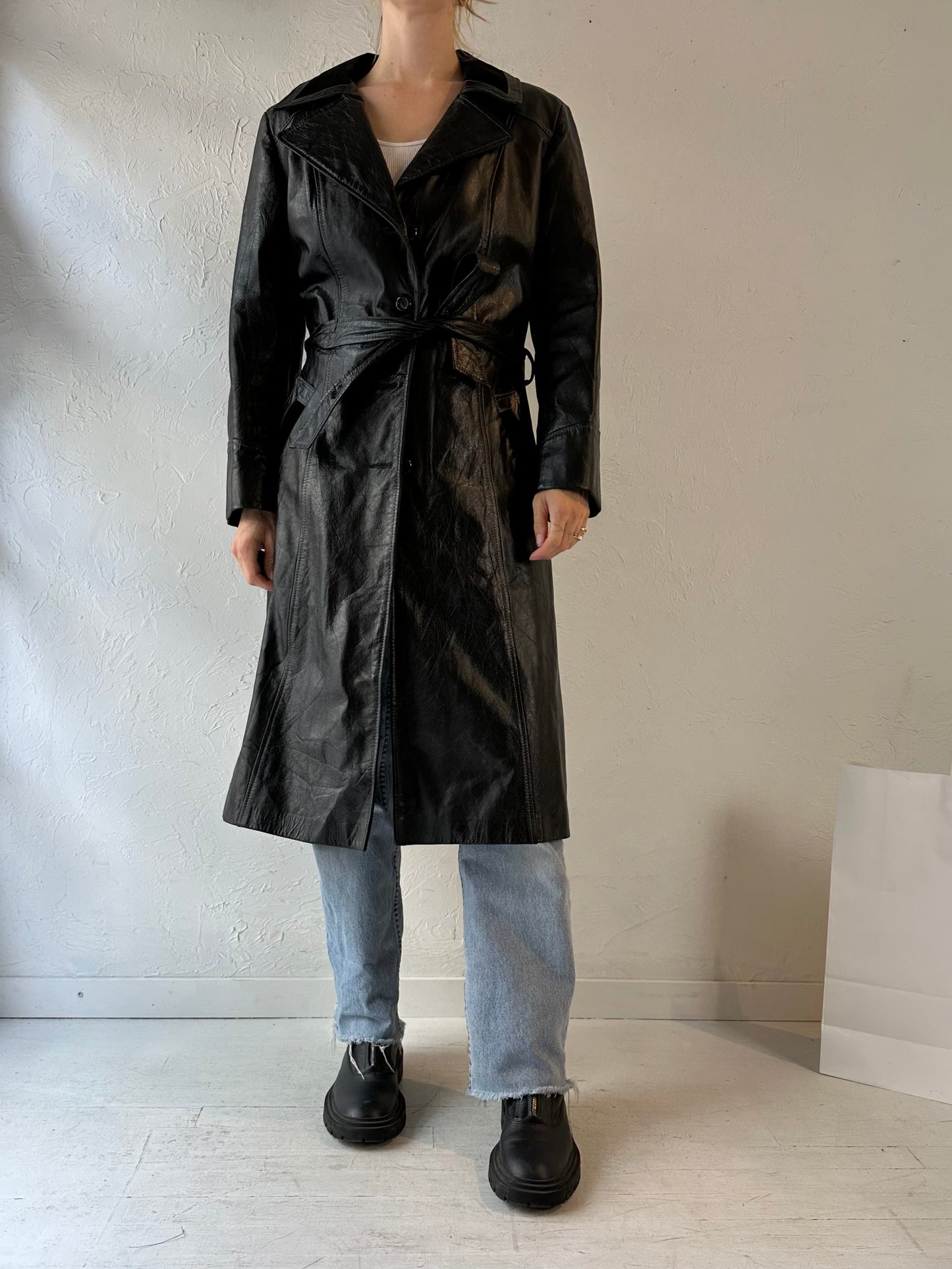 Vintage Black Leather Trench Coat / Medium