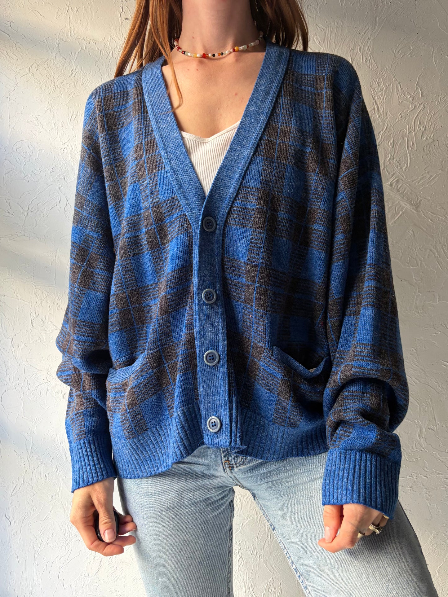 90s 'Jantzen' Blue Plaid Preppy Normcore Cardigan Sweater / Large