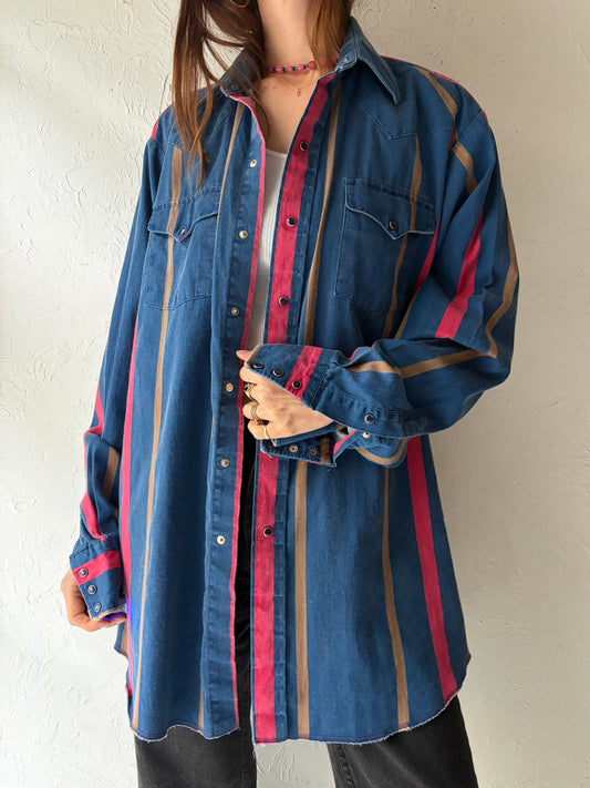 90s 'Penhandle Slim' Stripped Western Snap Up Shirt / Vintage 1990s Cowboy Work Wear Shirt / Large