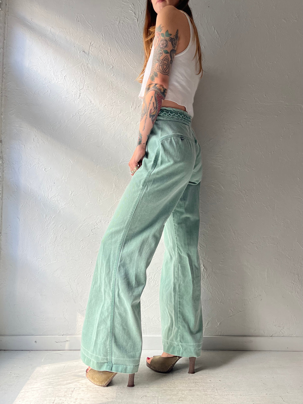 70s 'Whats In A Name' Green Bell Bottom Retro Jeans / Small