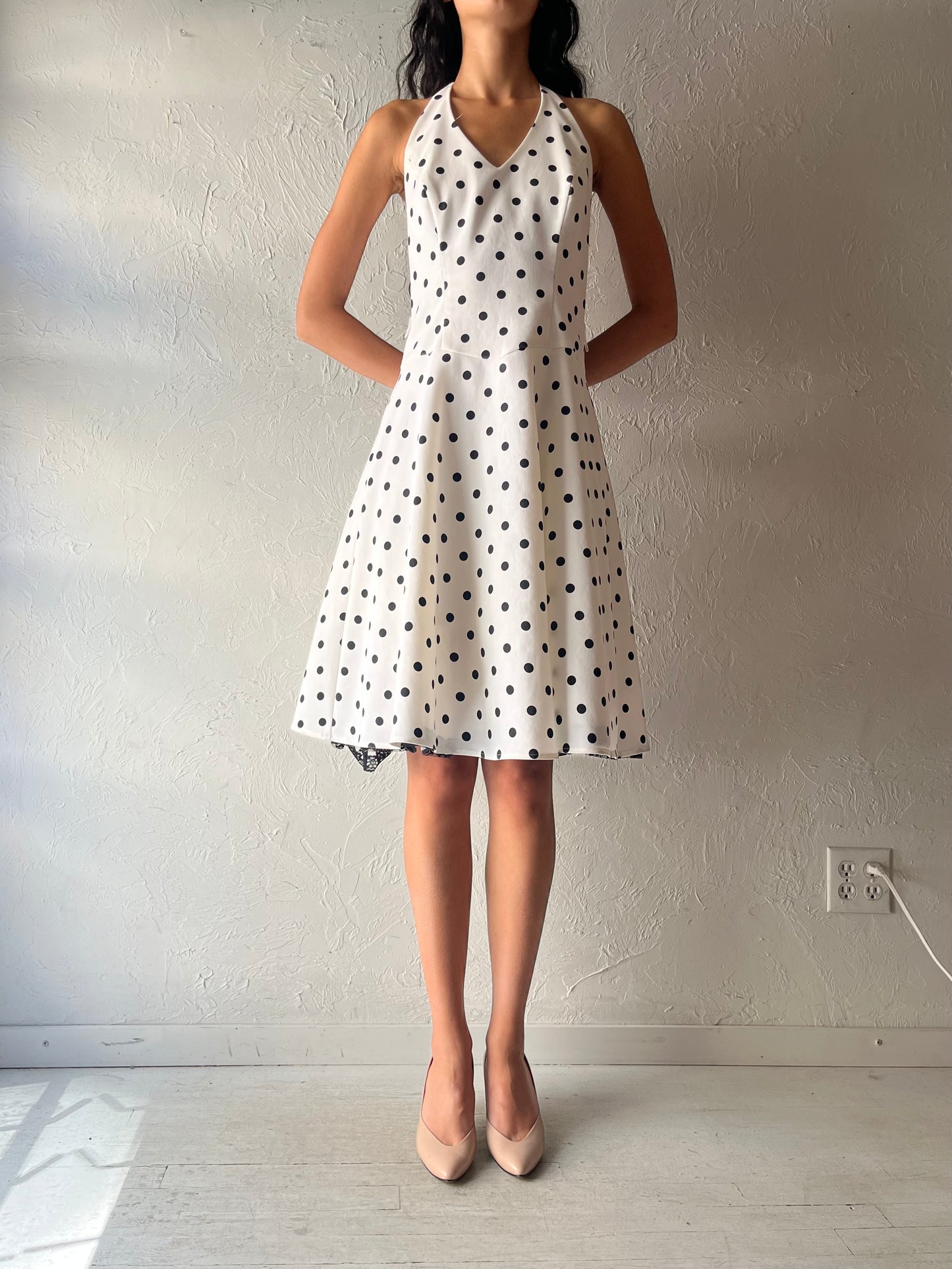 90s 'B Smart' White Polka Dot Pin Up Halter Dress / Medium - Large