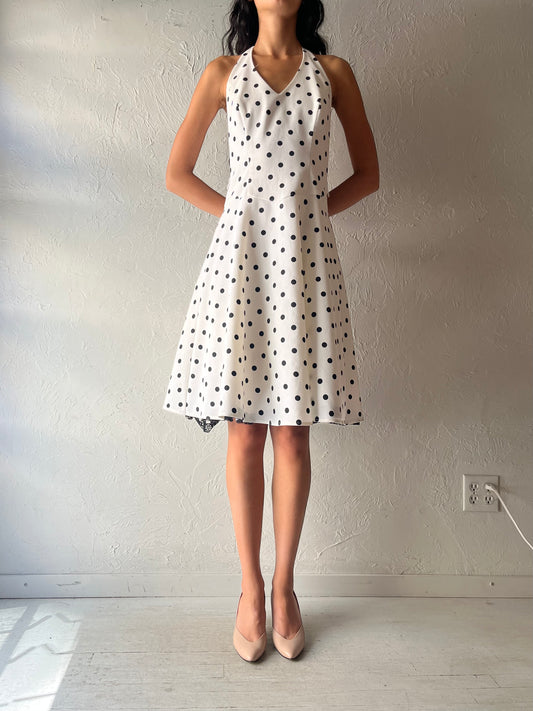 90s 'B Smart' White Polka Dot Pin Up Halter Dress / Medium - Large