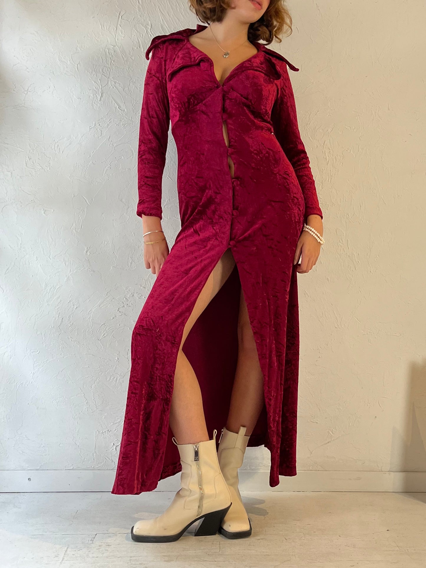 70s 'Katherines' Red Crushed Velvet Duster Dress / Small