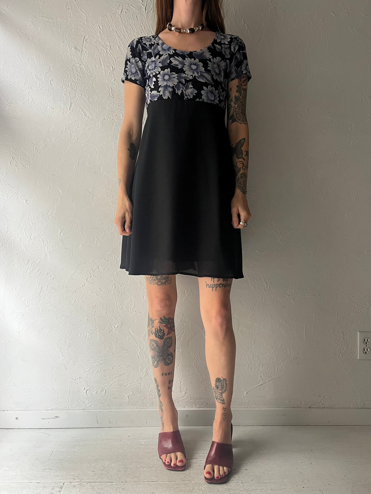90s 'Clientele' Black Floral Romantic Goth Grungecore Mini Babydoll Dress / Small