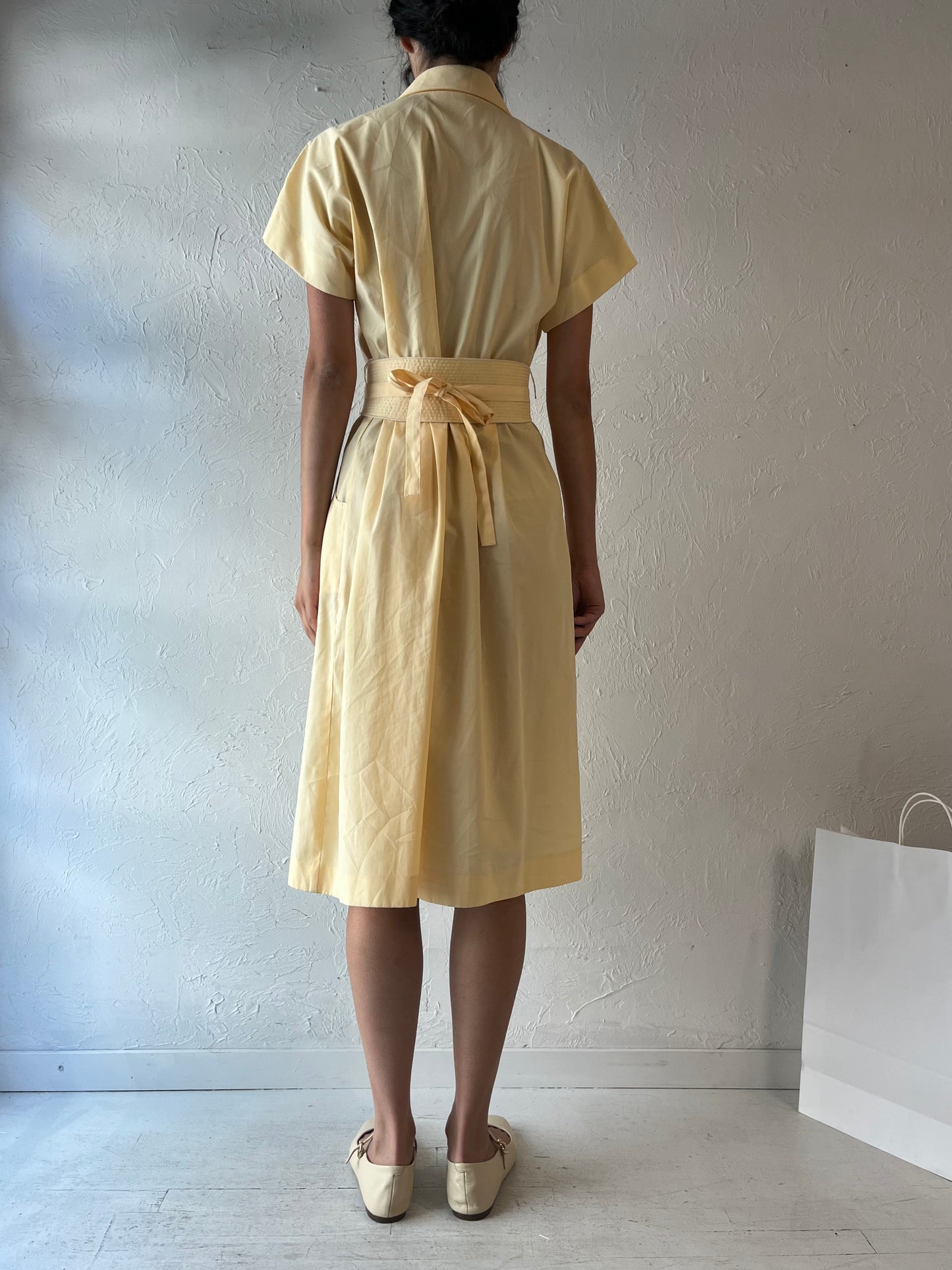 70s 'Leslie Fay' Pale Yellow Button Up Dress / Union Made / Medium