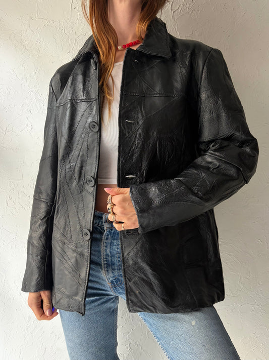 90s 'Leather & Soul' Black Patchwork Leather Jacket / Medium