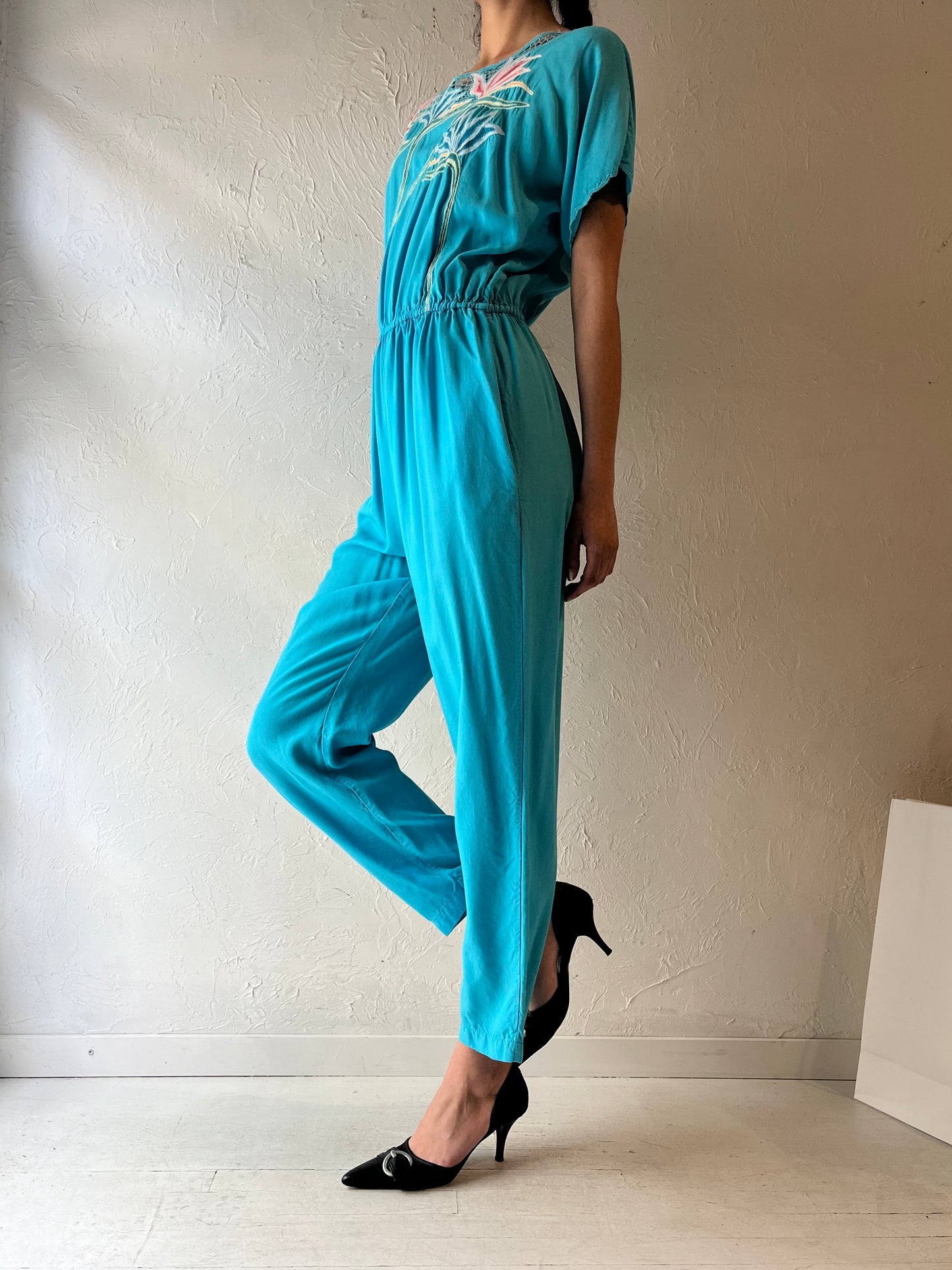 70s ‘Hibis’ Blue Crochet Jumpsuit / Small