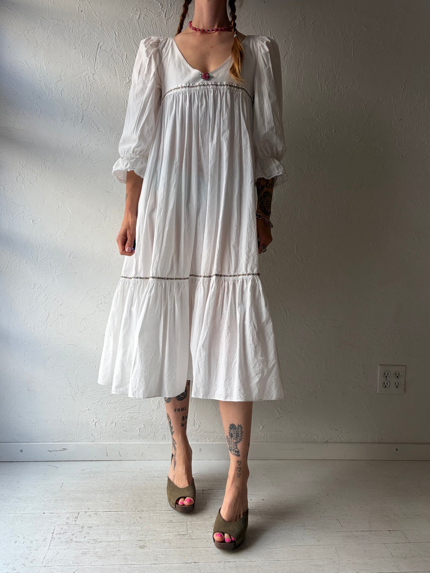 90s 'Night in White' Long Sleeve Cotton Dress / Small