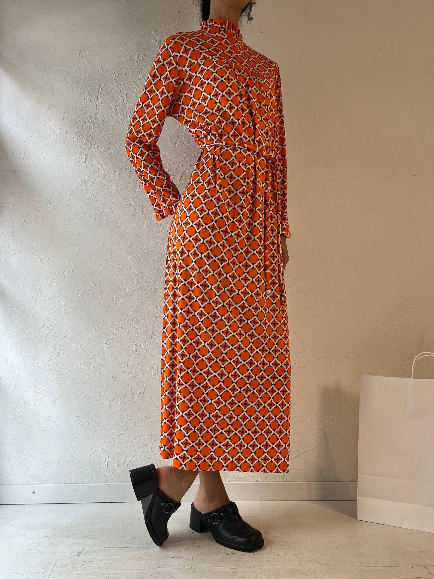 70s Orange Retro Patterned Kaftan Maxi Dress / Small