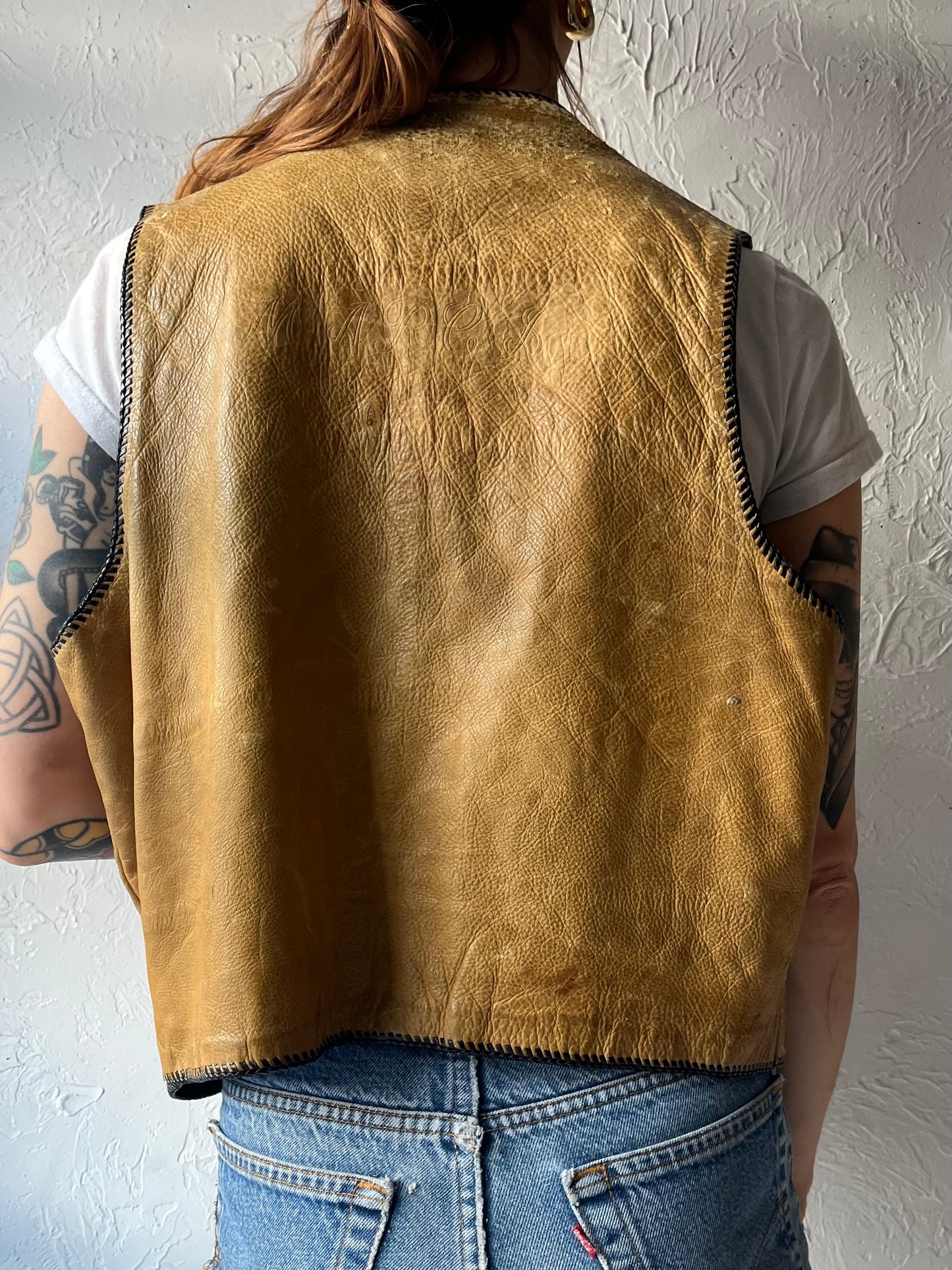 Vintage Handmade Weathered Leather Vest / Medium