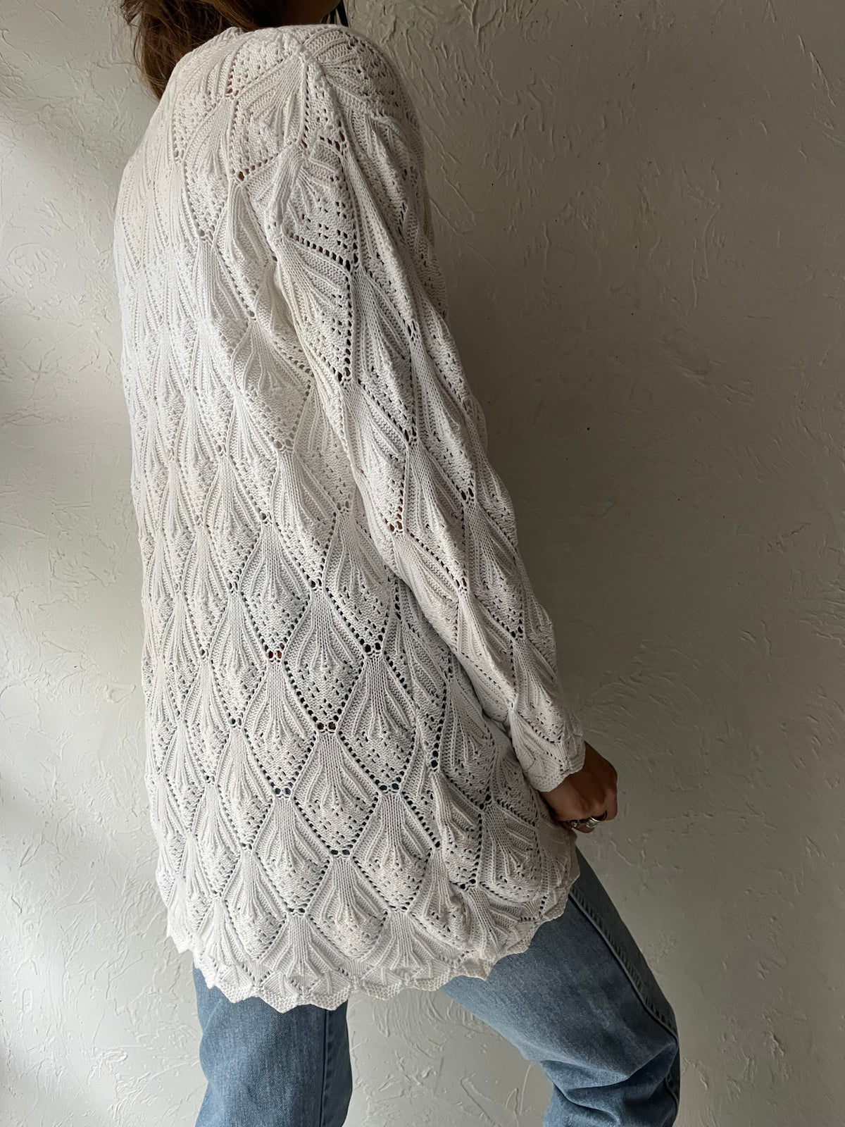 90s White Cotton Crochet Knit Sweater / Medium