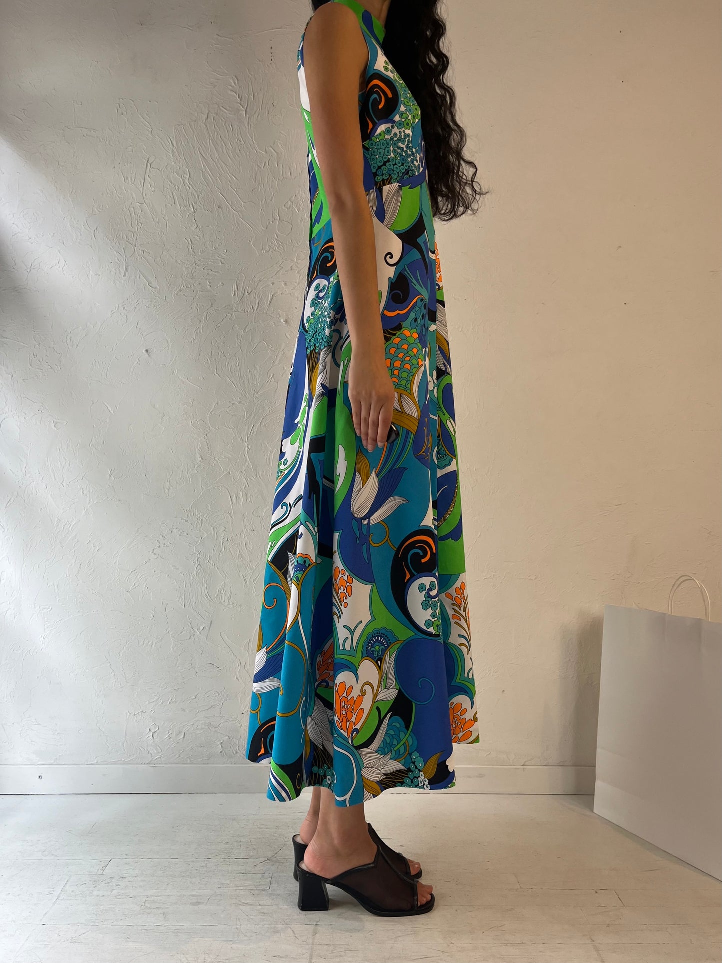 70s 'Miss Joey' Blue Retro Patterned Maxi Dress / Medium