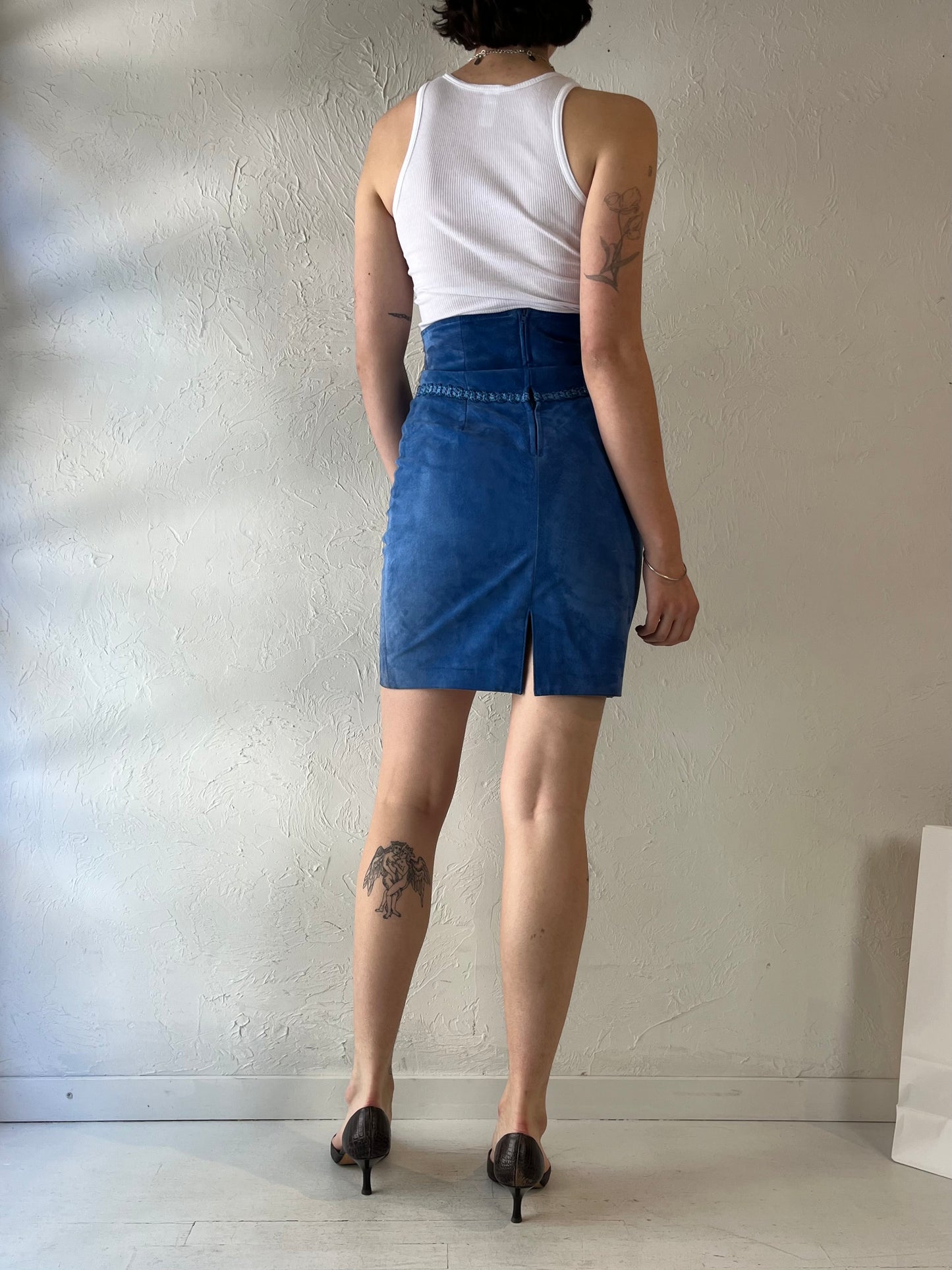 90s 'Danier' Blue Suede Pencil Skirt / Small