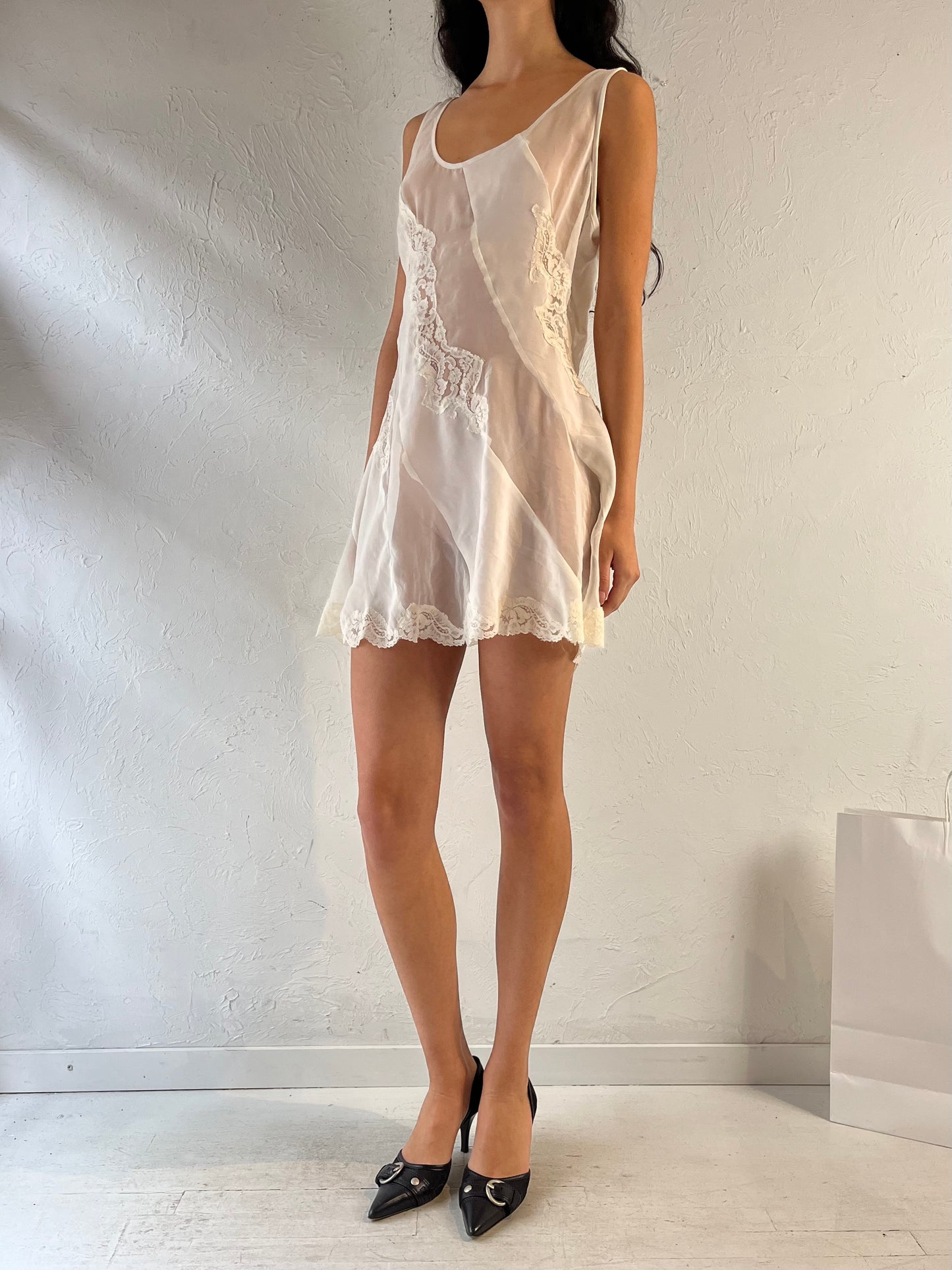 Vintage ‘Victoria Secret’ White Sheer Mini Slip Dress / Medium