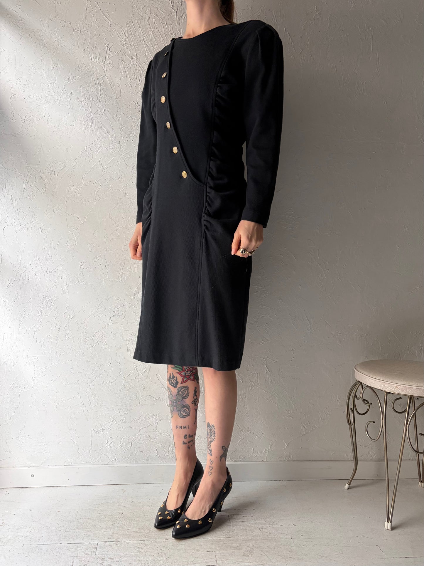 80s 'Chorus Line' Black Knit Dress / Medium