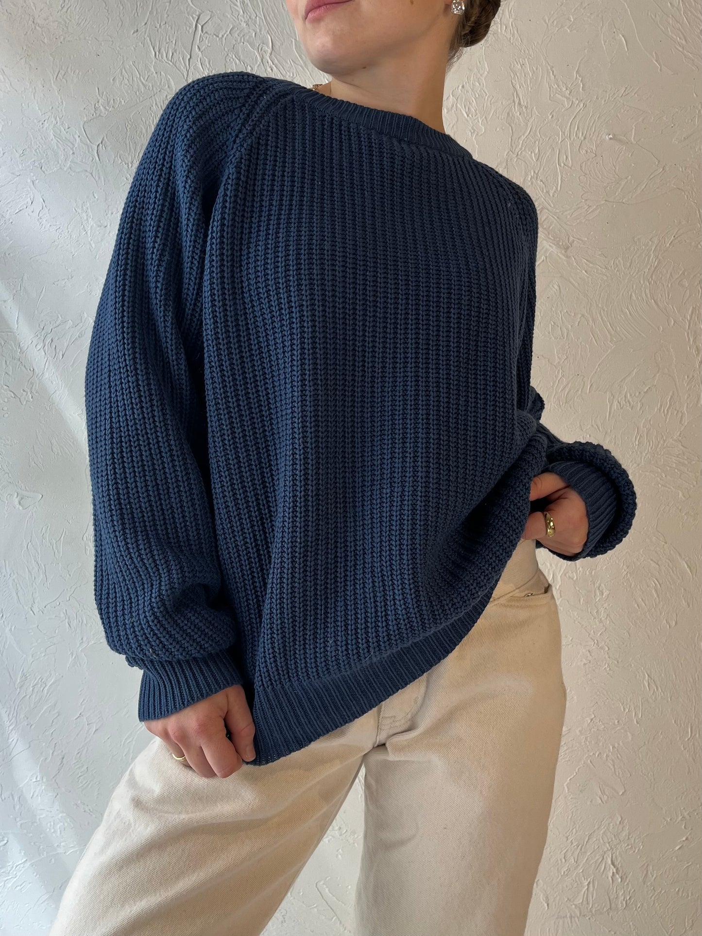 90s 'Club Europe' Blue Acrylic Knit Sweater / Medium