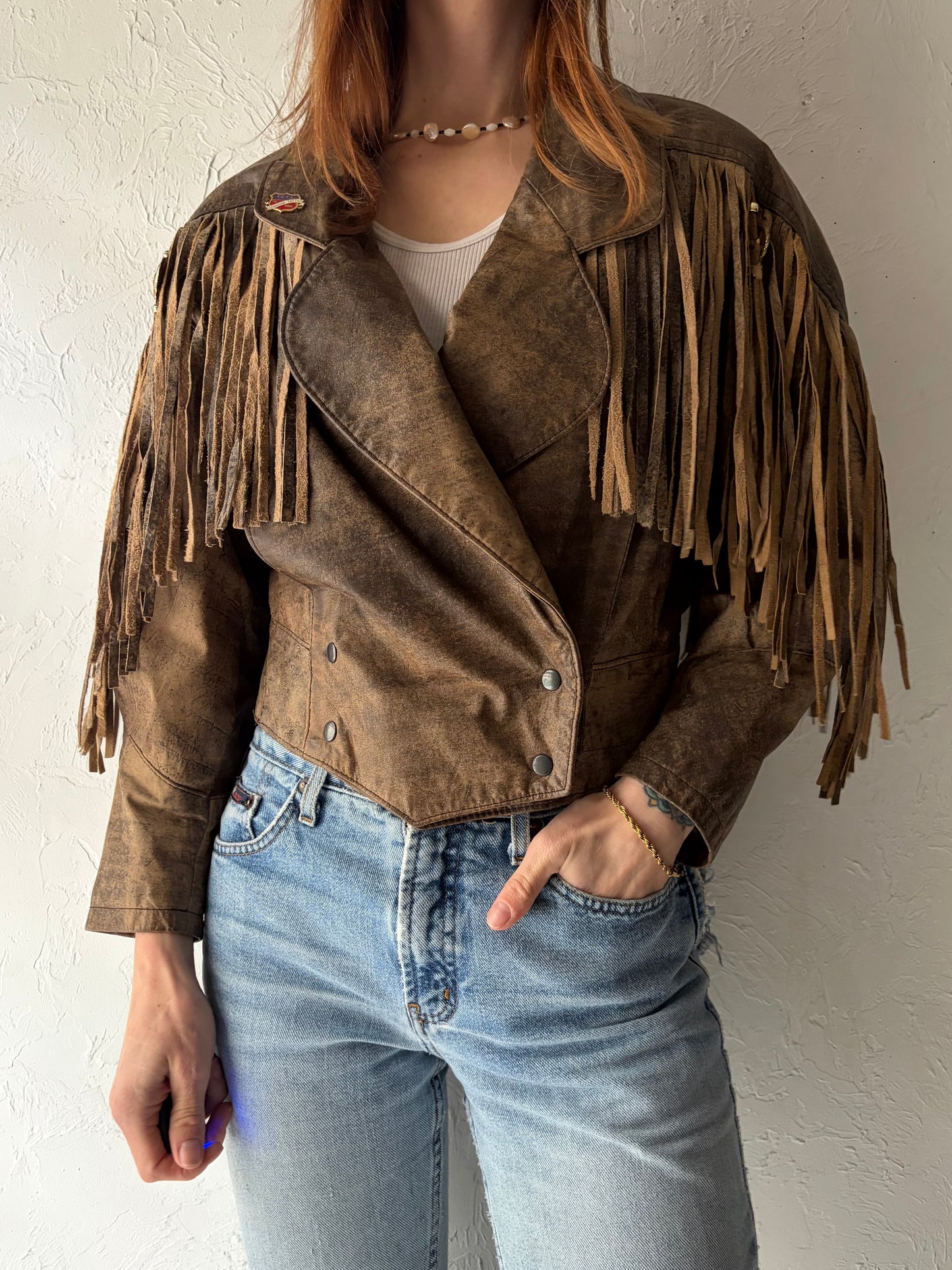 80s 'Pelican Cove' Brown Leather Western Fringe Jacket / Small