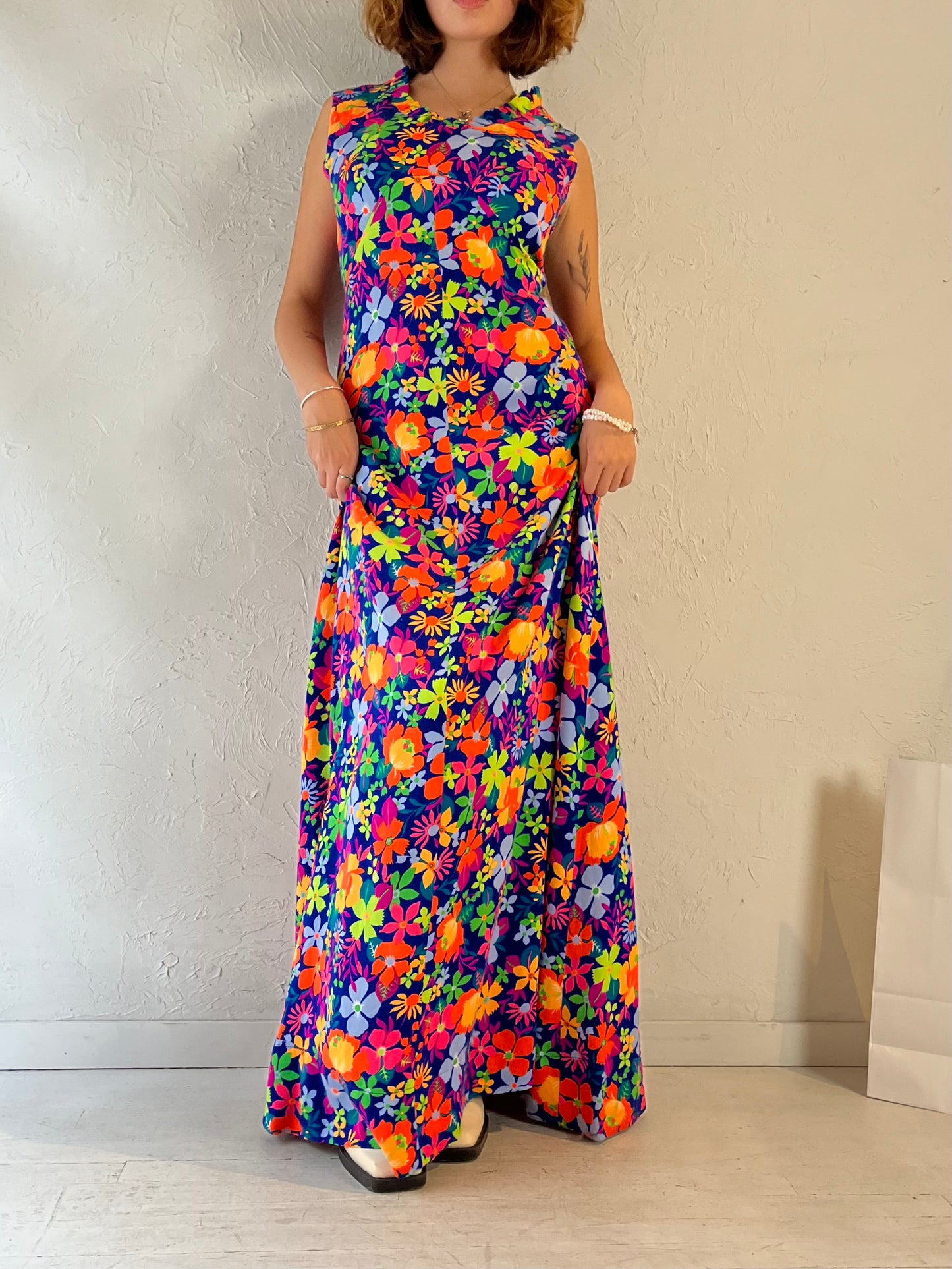 Vintage Handmade Retro Floral Print Maxi Dress / Medium