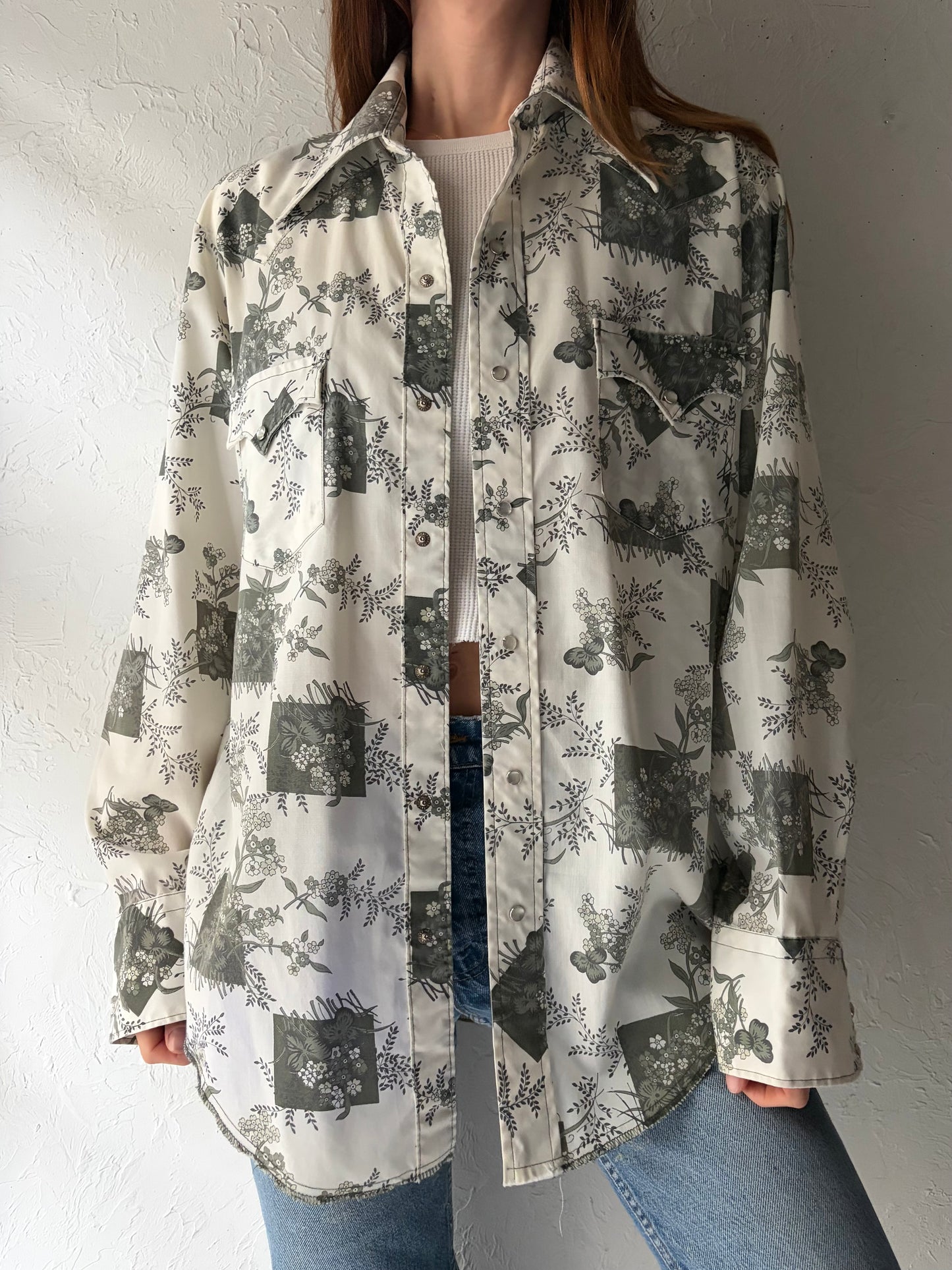 70s 'Permanent Press' Floral Western Snap Up Shirt / Vintage 1970s Cowboy Workwear Shirt / Large