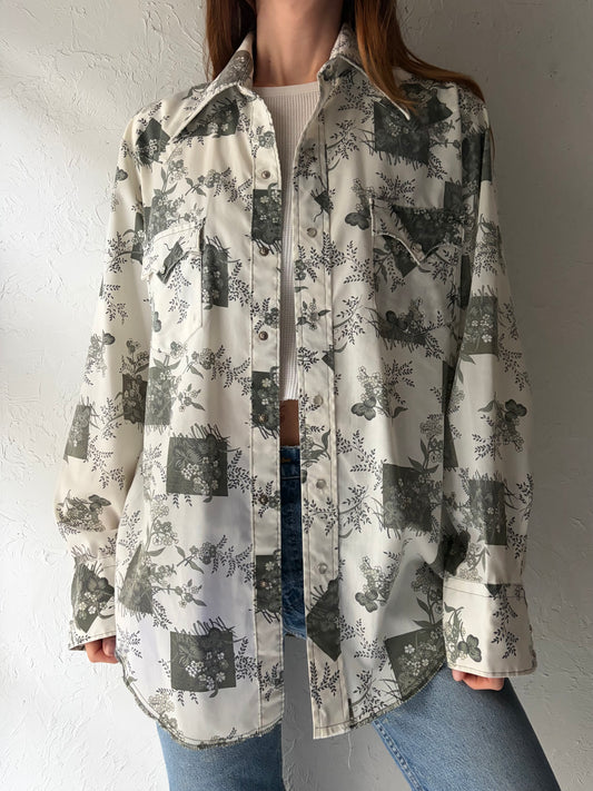70s 'Permanent Press' Floral Western Snap Up Shirt / Vintage 1970s Cowboy Workwear Shirt / Large