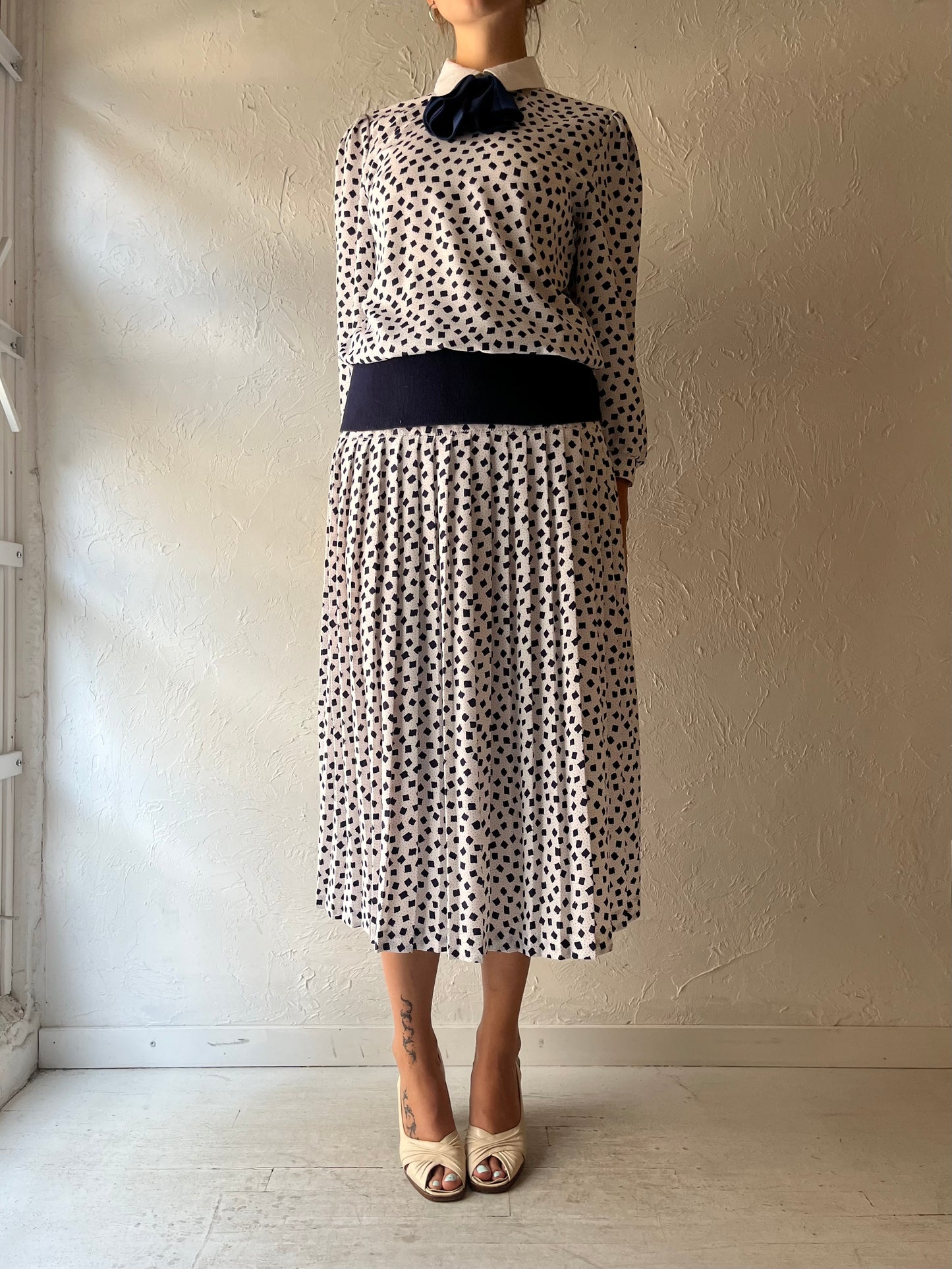 80s 'Demaro' Patterned Drop Waist Casual Spring Midi Dress / Union Made / Medium
