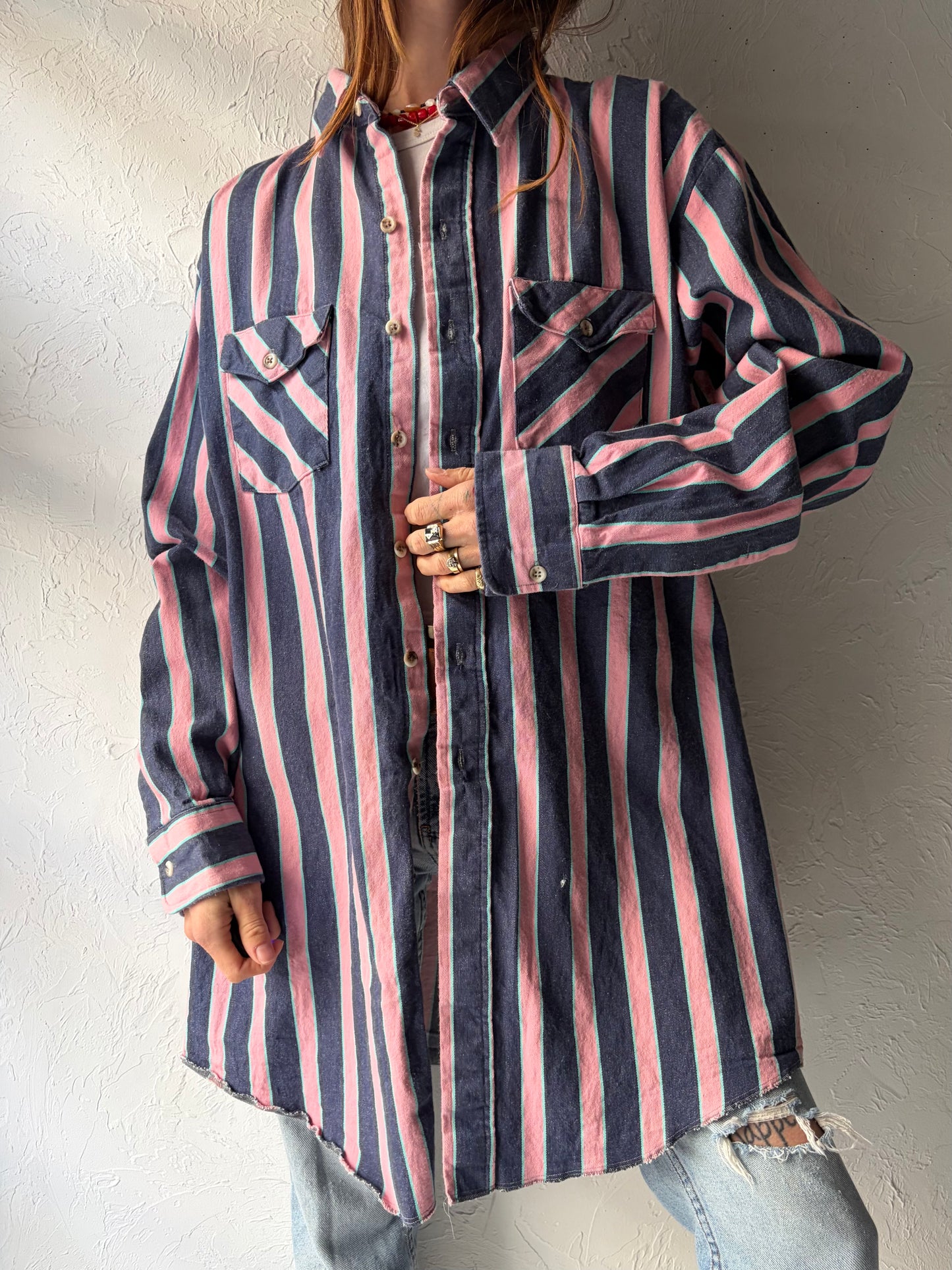 90s 'Saddle King' Pink Stripped Retro Western Button Up Shirt / Vintage 1990s Cowboy Work Wear Shirt / XL