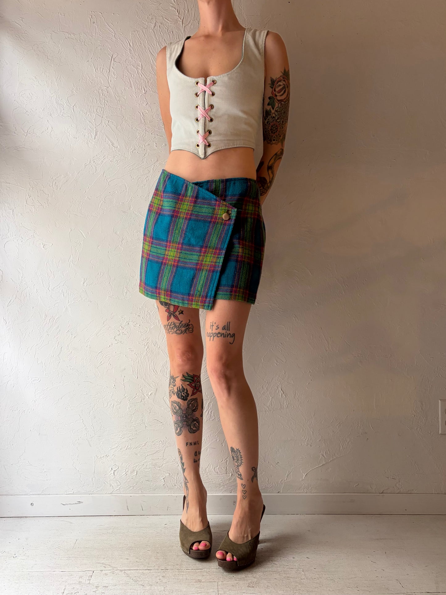 90s 'French Connection' Plaid Knit Mini Wrap Skirt / Large
