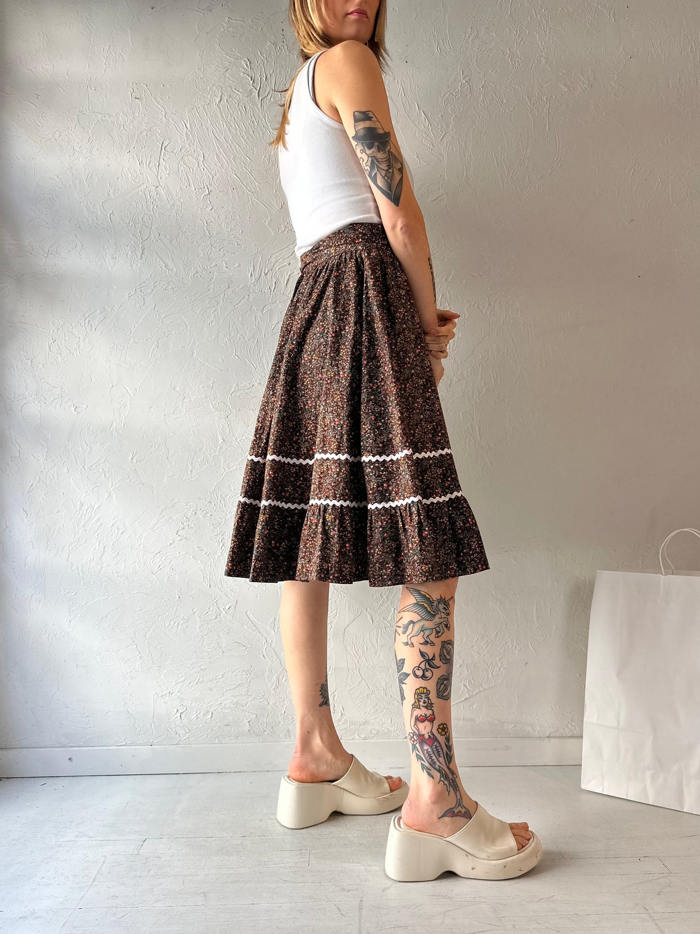 Vintage Handmade Brown Floral Midi Skirt / Small