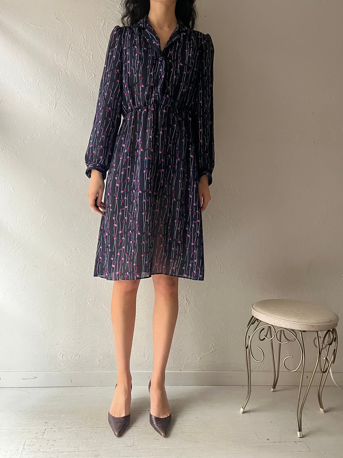 80s 'Orite' Navy Blue Floral Long Sleeve Dress / Small
